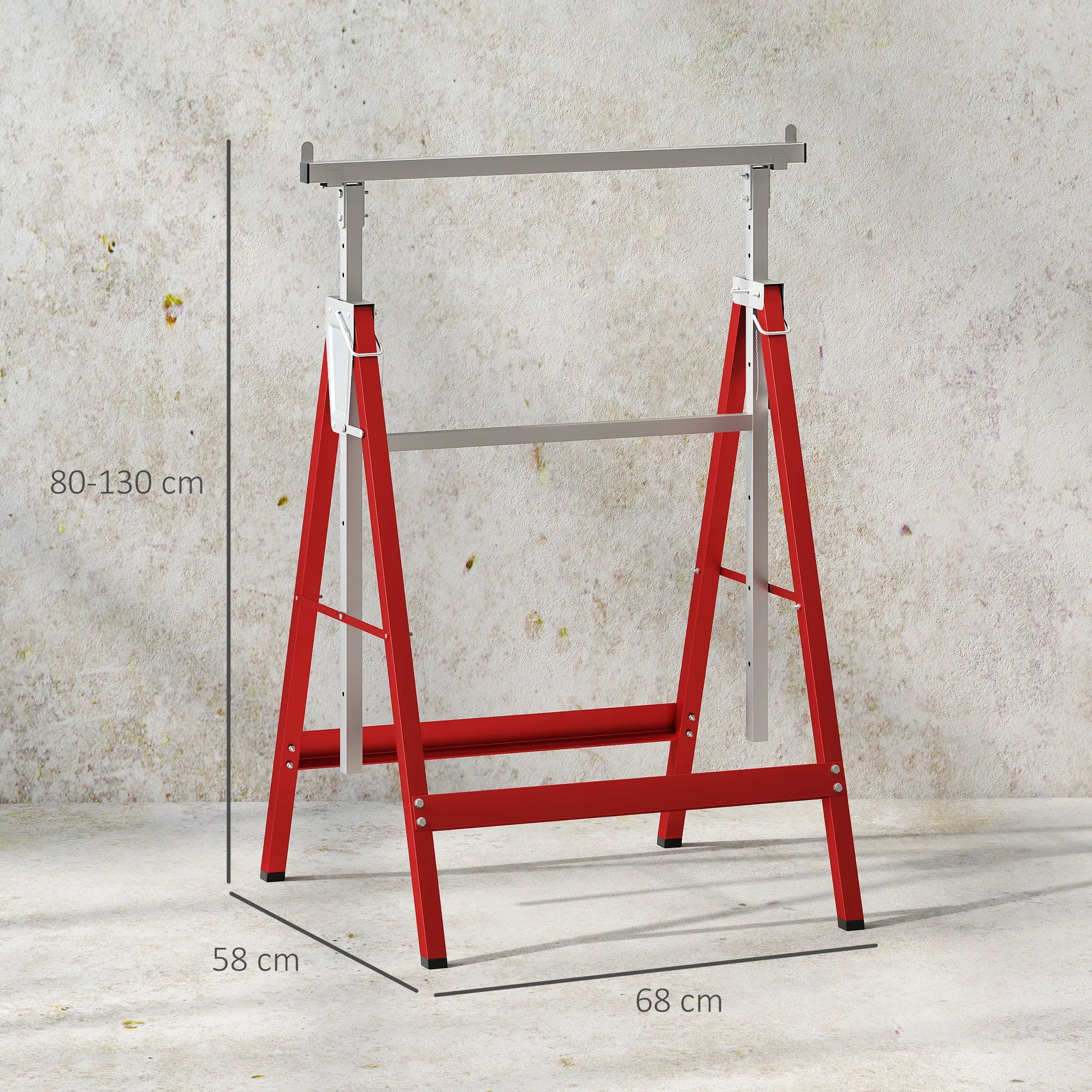 Set of 2 Telescopic Work Stands 80-130 cm Folding, Q195 Steel, 68x58x80 cm, Red and Silver - Image 3