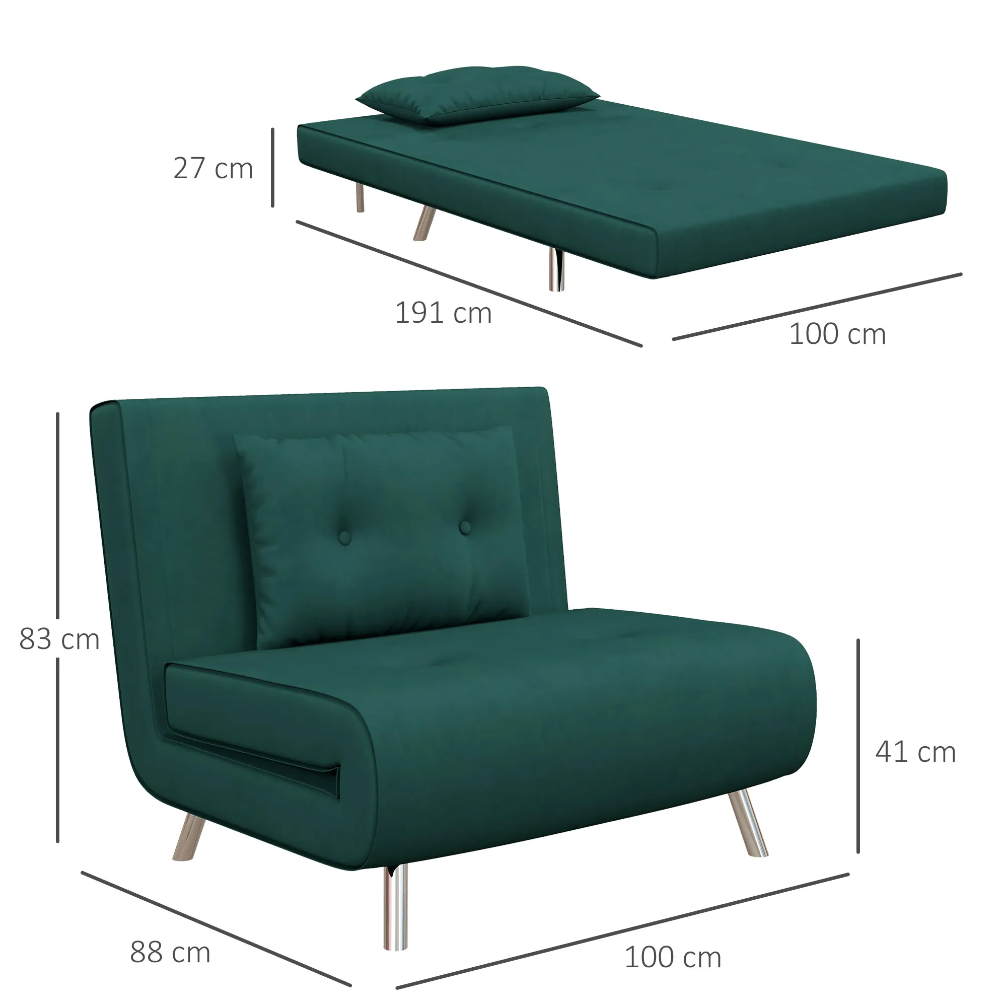 Single Reclining Velvet Armchair, 100x88x83cm, Dark Green - Image 3