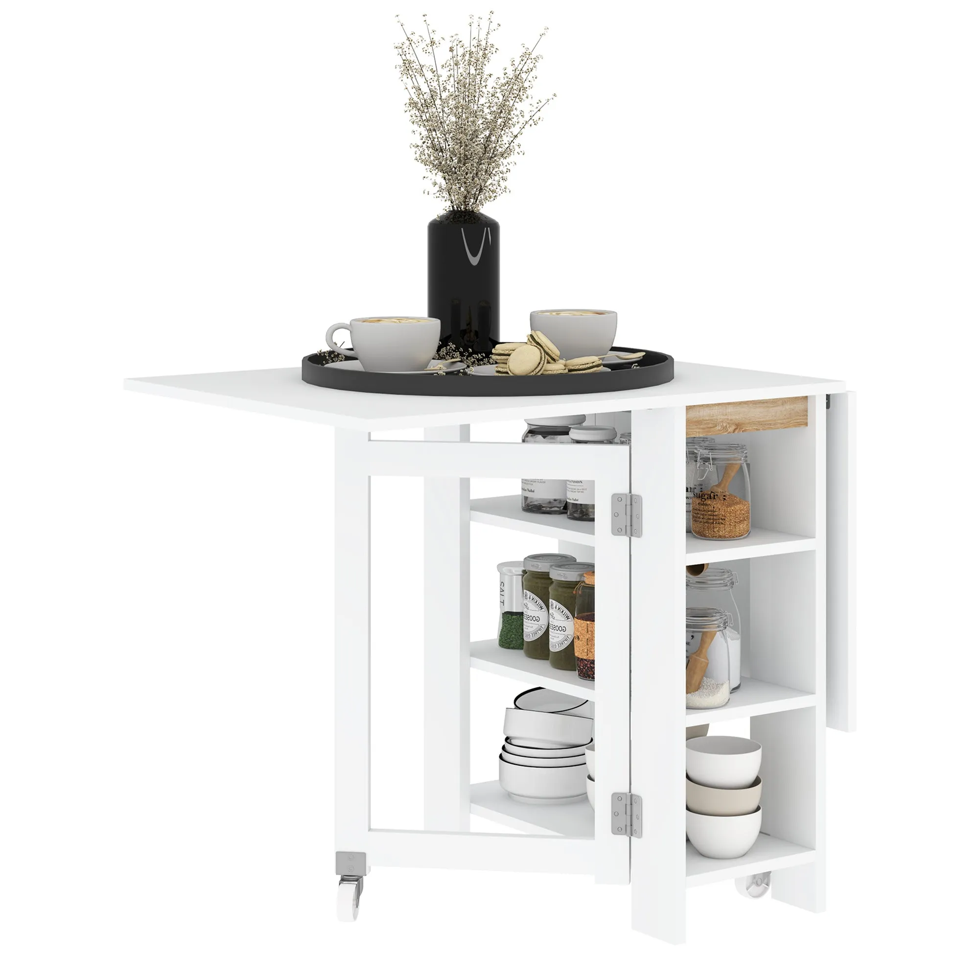 Folding Dining Table with 2 Drop-Leaf Tops and Shelves, Expandable, for 4 People, 120x60x75 cm, White