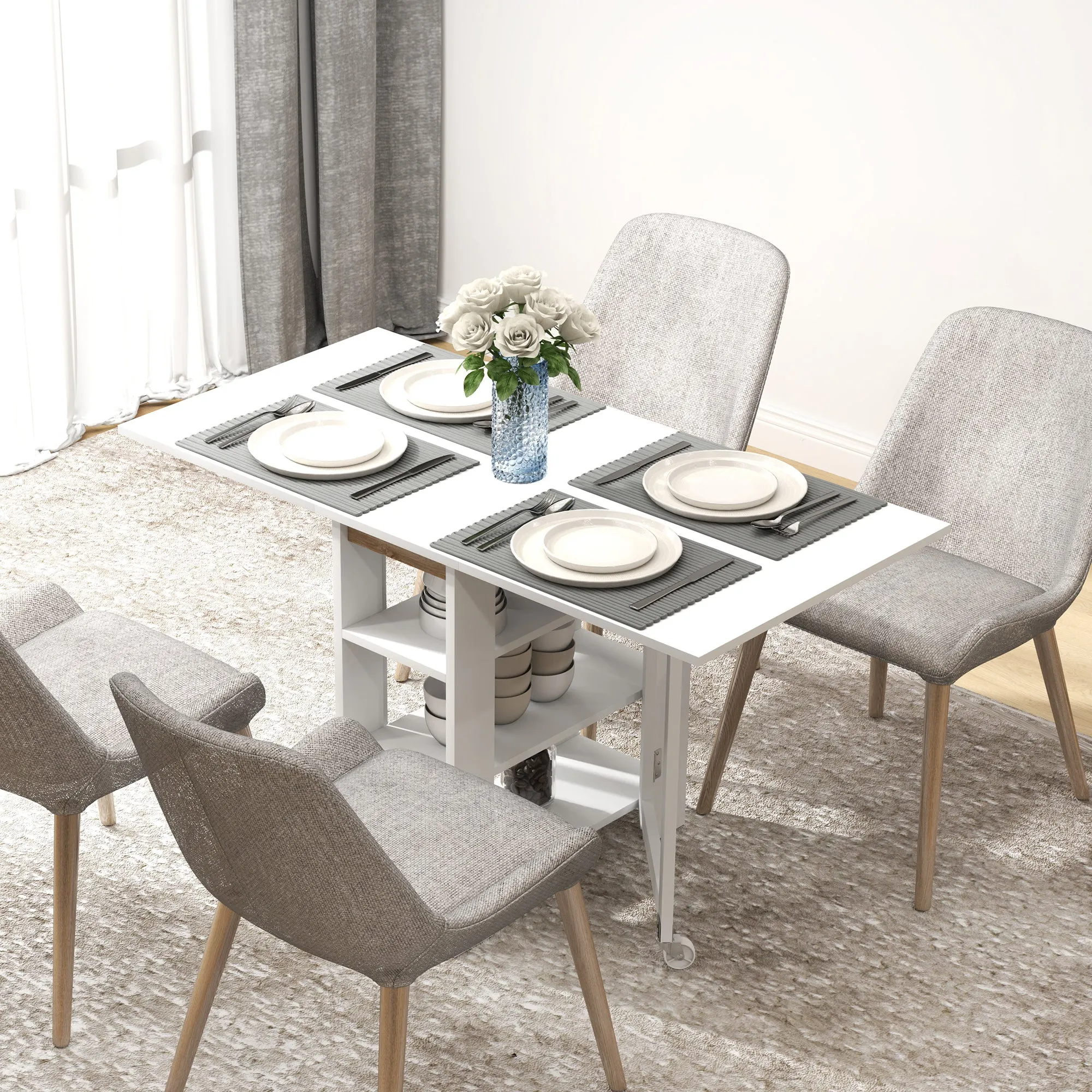 Folding Dining Table with 2 Drop-Leaf Tops and Shelves, Expandable, for 4 People, 120x60x75 cm, White - Image 2