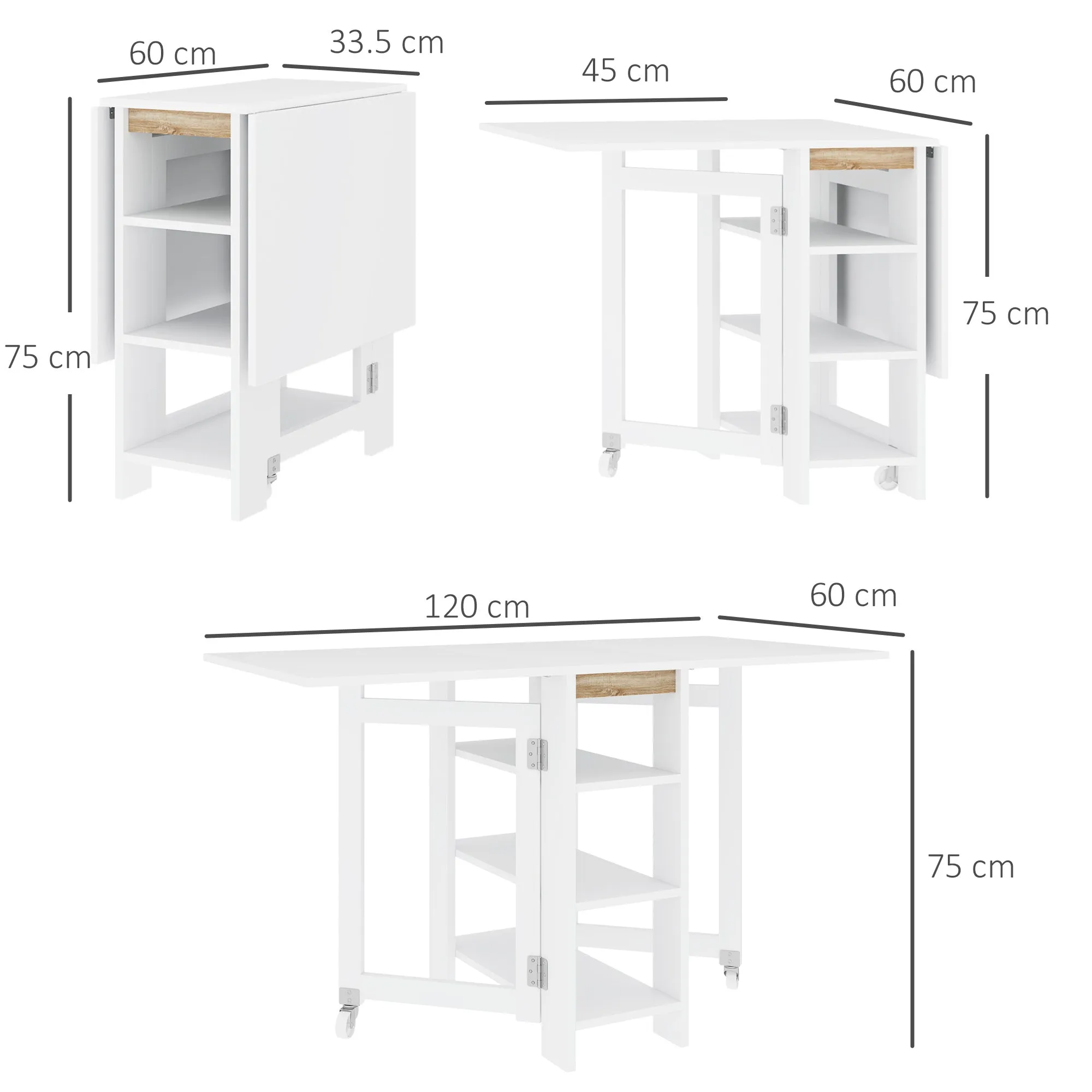 Folding Dining Table with 2 Drop-Leaf Tops and Shelves, Expandable, for 4 People, 120x60x75 cm, White - Image 3