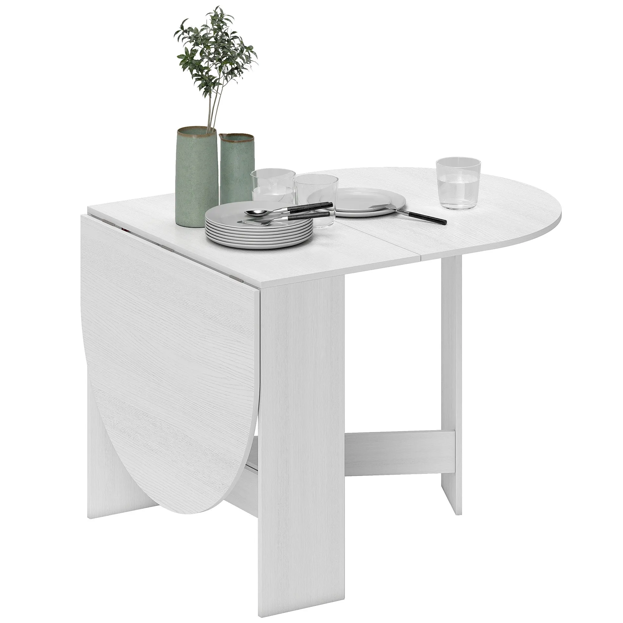 Folding Table for 6 People with 2 Oval Wooden Drop-Leafs, 163x80x75 cm, White