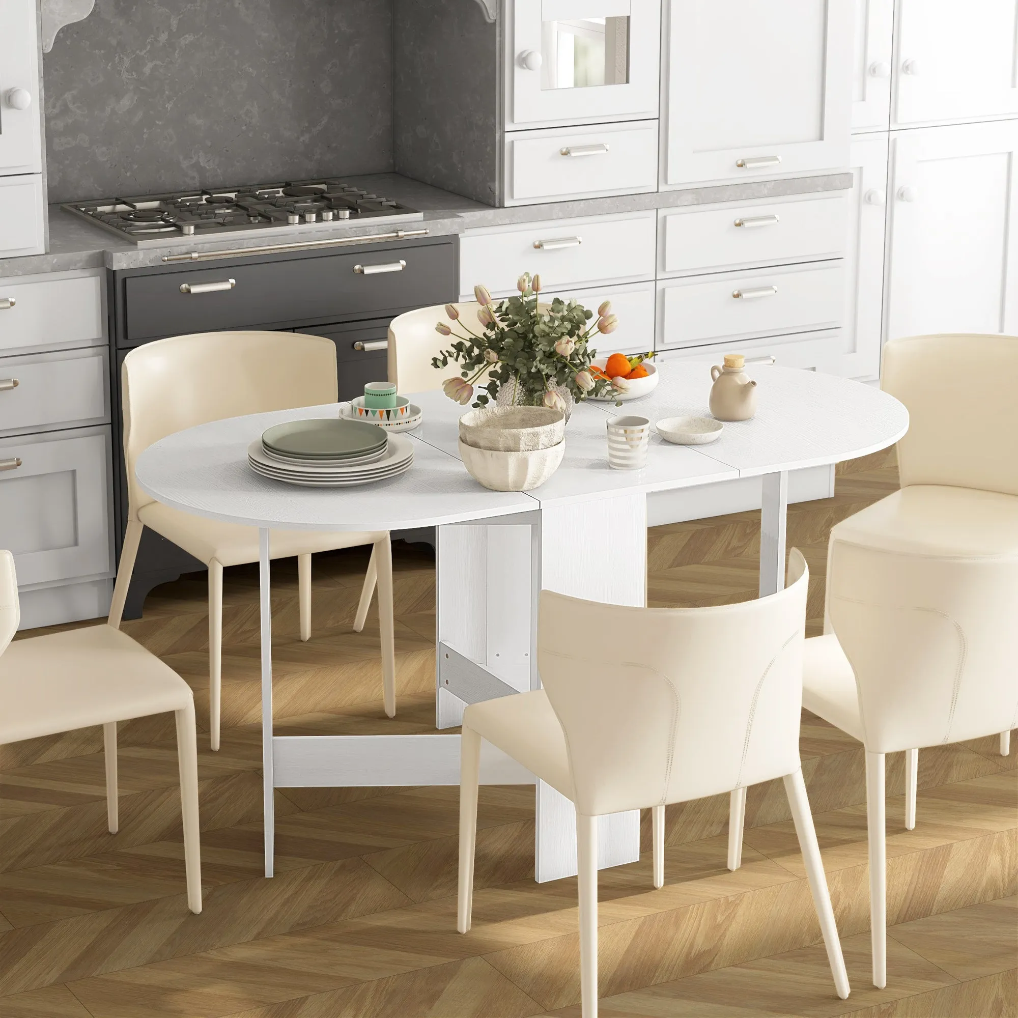 Folding Table for 6 People with 2 Oval Wooden Drop-Leafs, 163x80x75 cm, White - Image 2