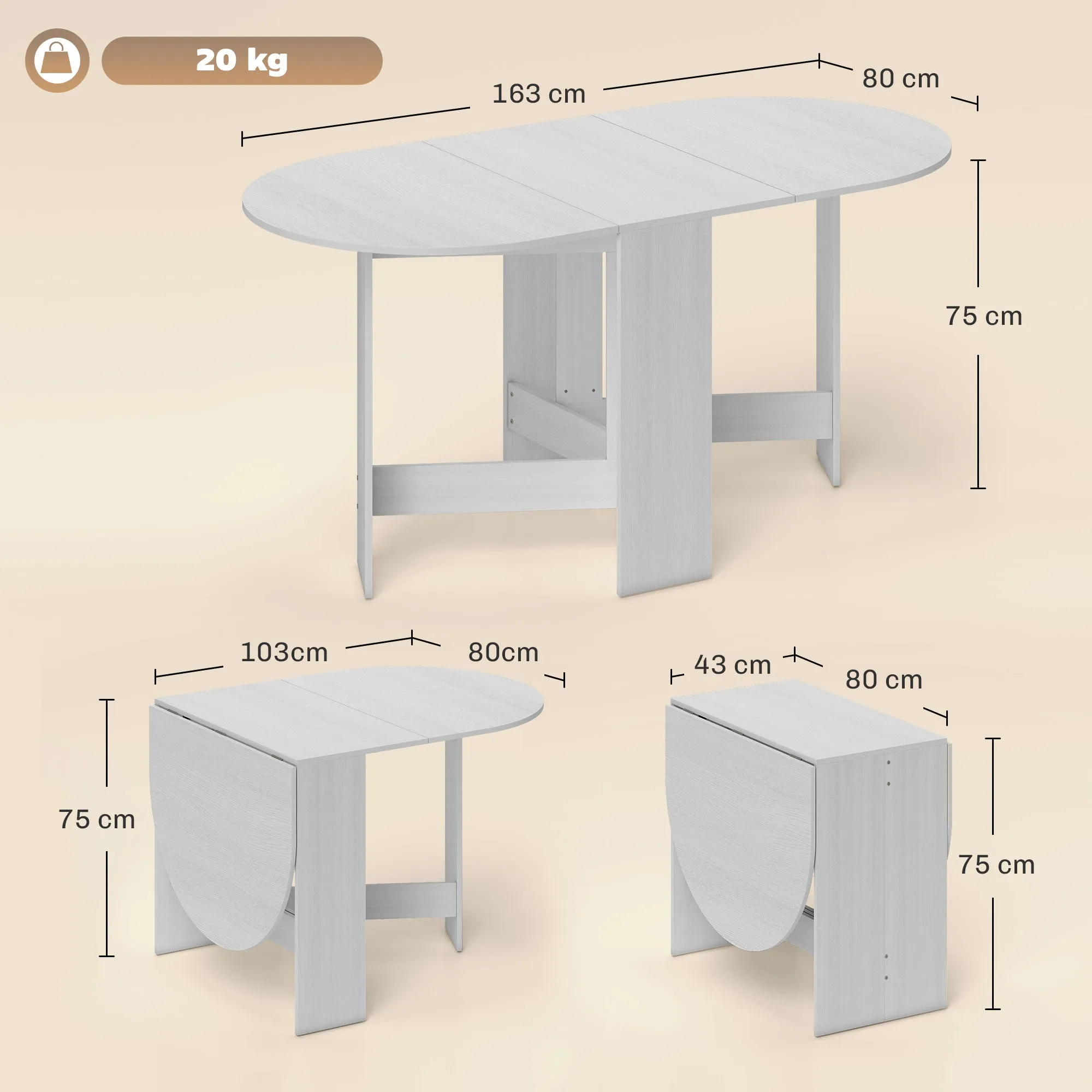 Folding Table for 6 People with 2 Oval Wooden Drop-Leafs, 163x80x75 cm, White - Image 3