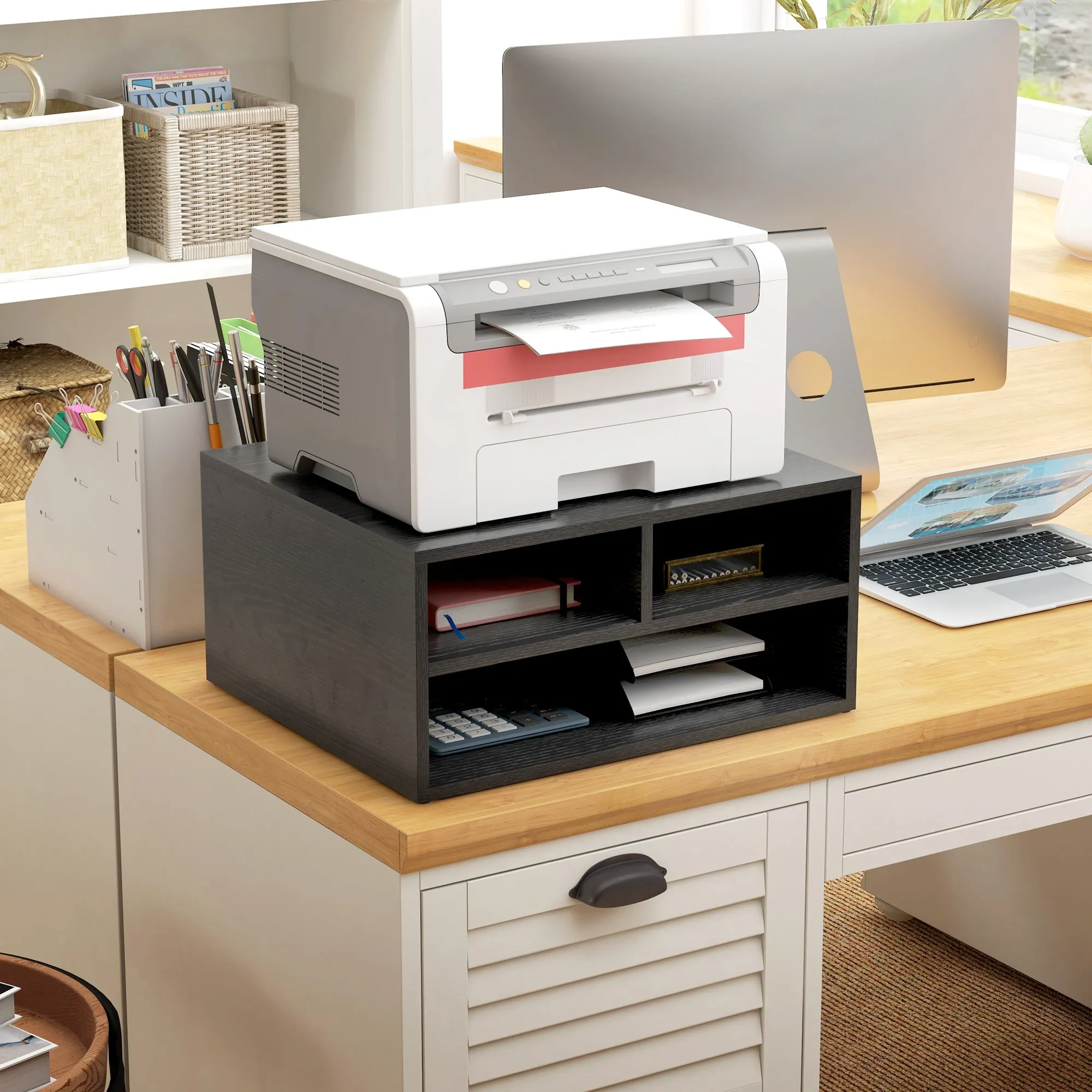 Office Printer Stand with 3 Open Shelves, 2 Levels, 47 x 40 x 22.5 cm, Black - Image 2