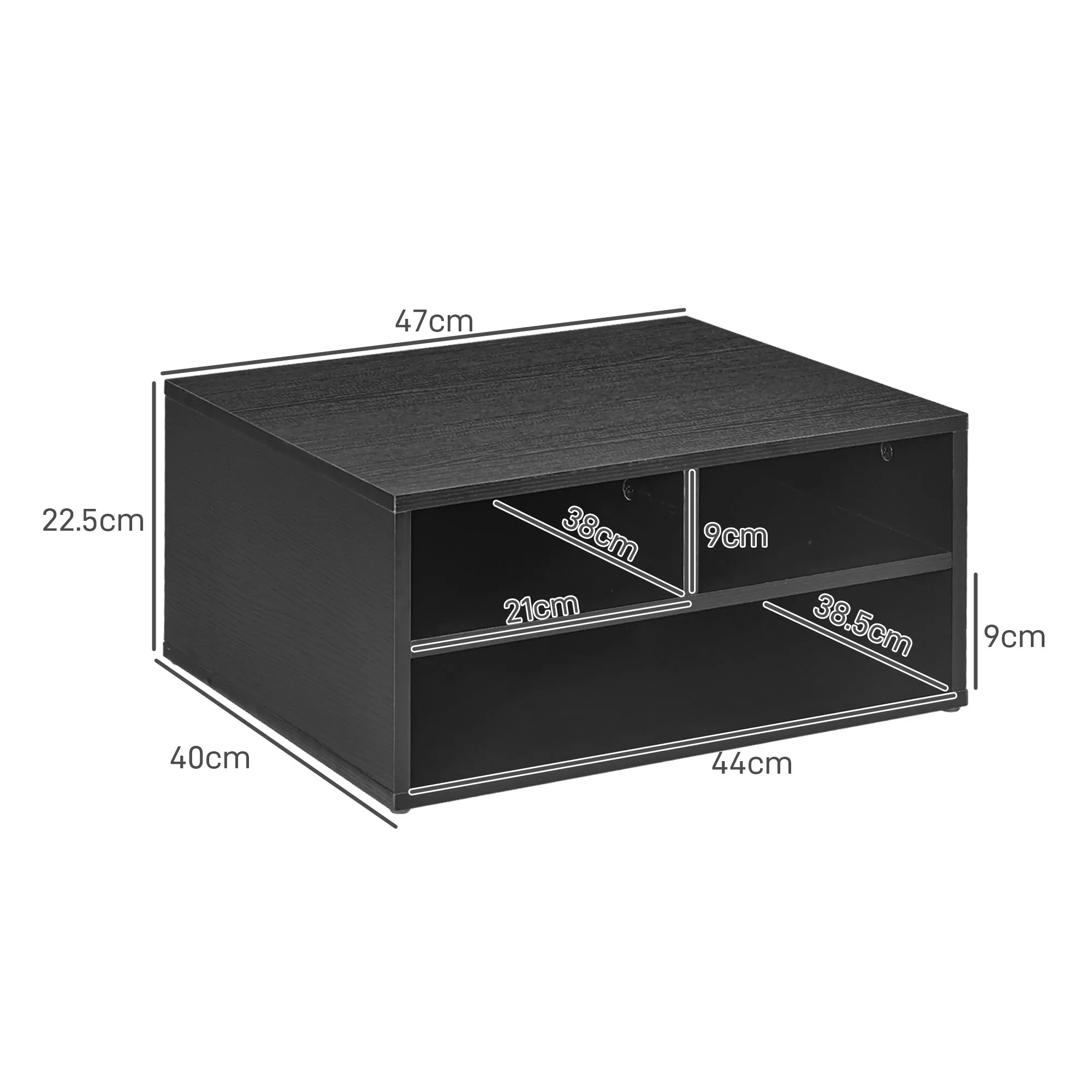 Office Printer Stand with 3 Open Shelves, 2 Levels, 47 x 40 x 22.5 cm, Black - Image 3