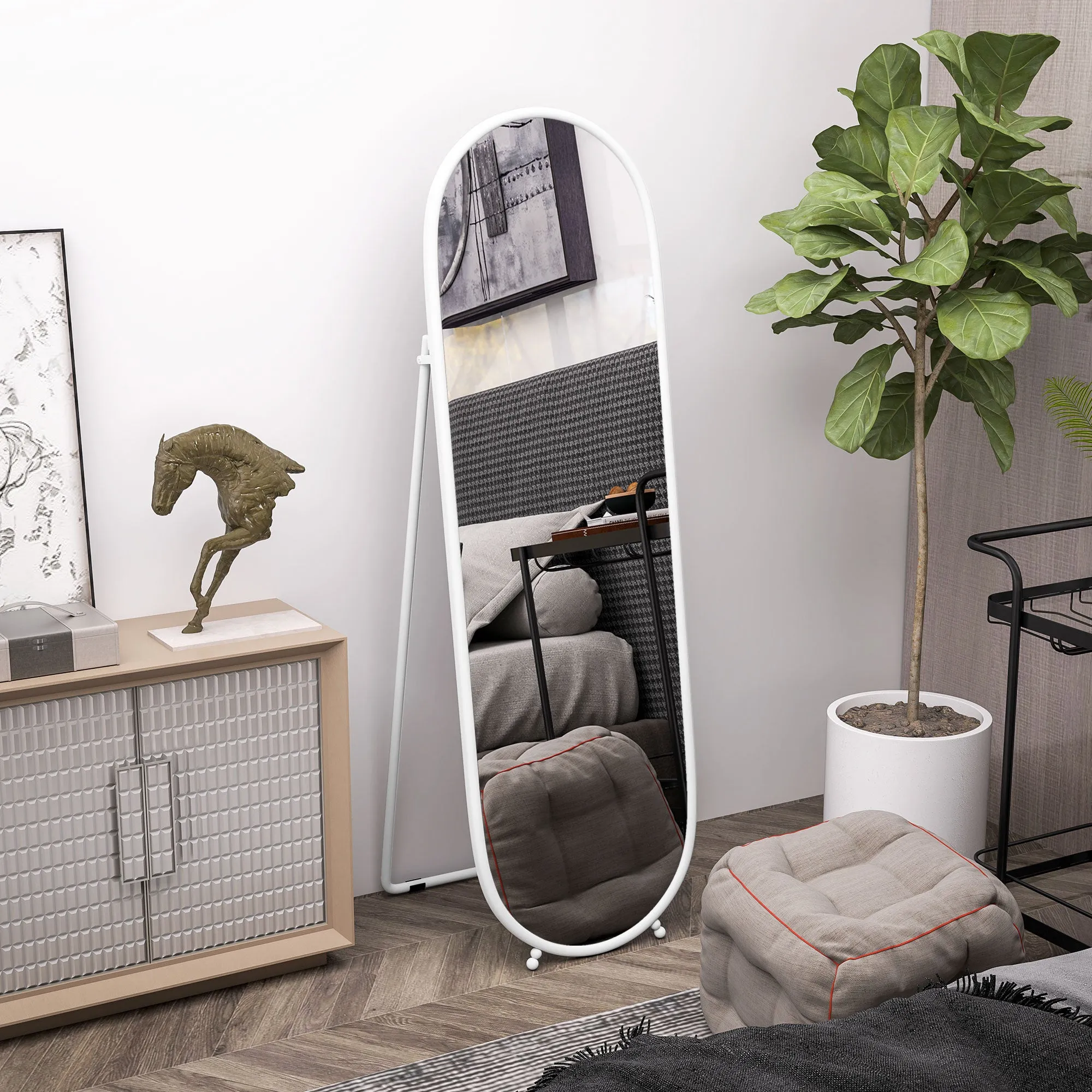 Full-Length Floor Mirror with Folding Stand, Glass and Metal, 40x41x159 cm, White - Image 2
