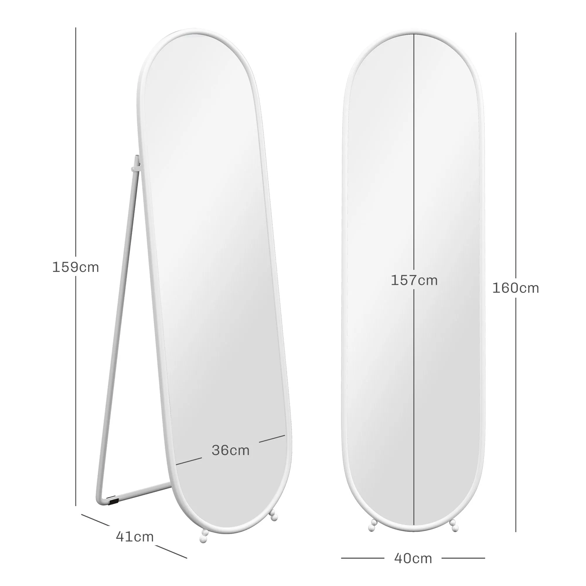Full-Length Floor Mirror with Folding Stand, Glass and Metal, 40x41x159 cm, White - Image 3