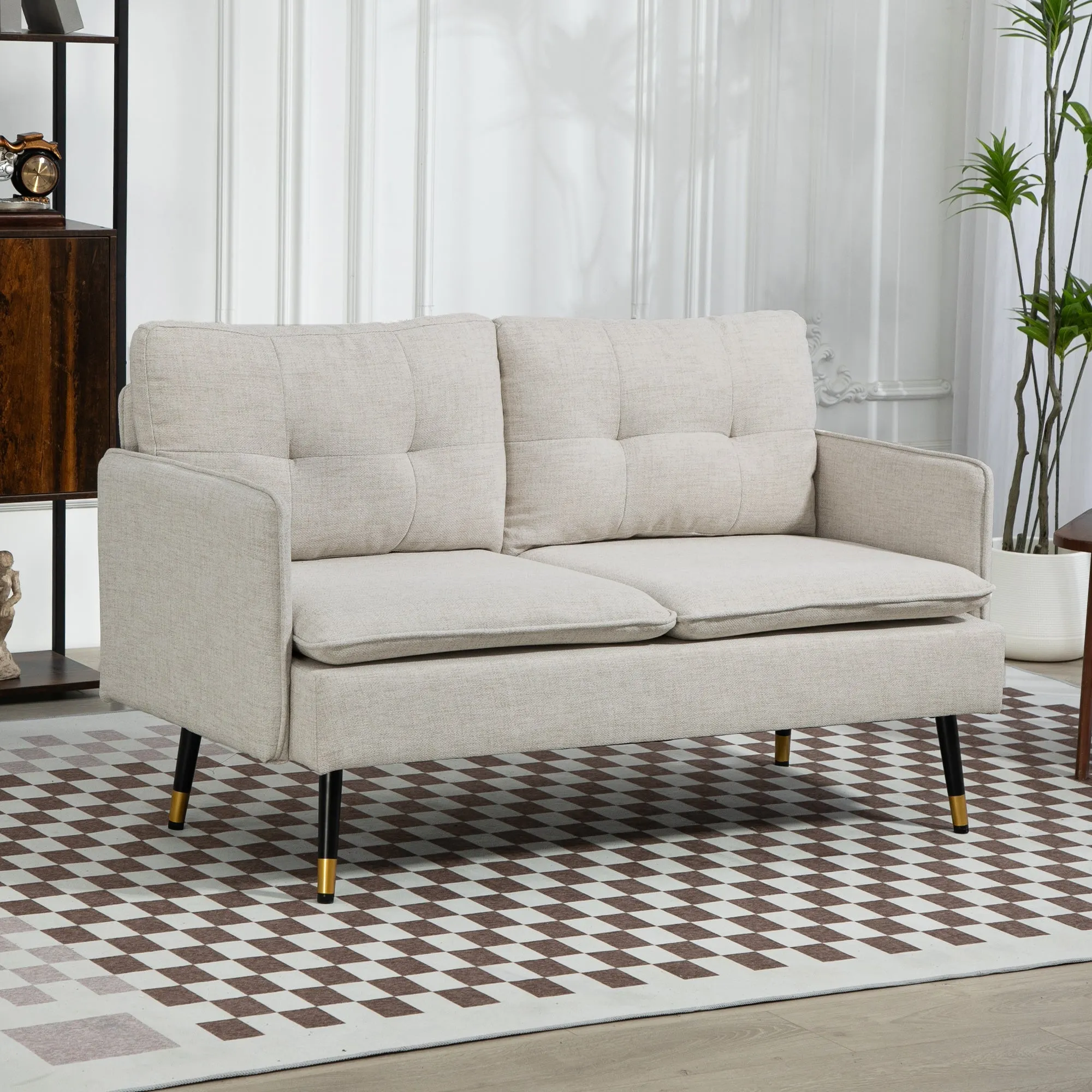 2-Seater Sofa in Linen Effect Fabric with Steel Legs and Padded Cushions, 139x68x80 cm, Cream White - Image 2
