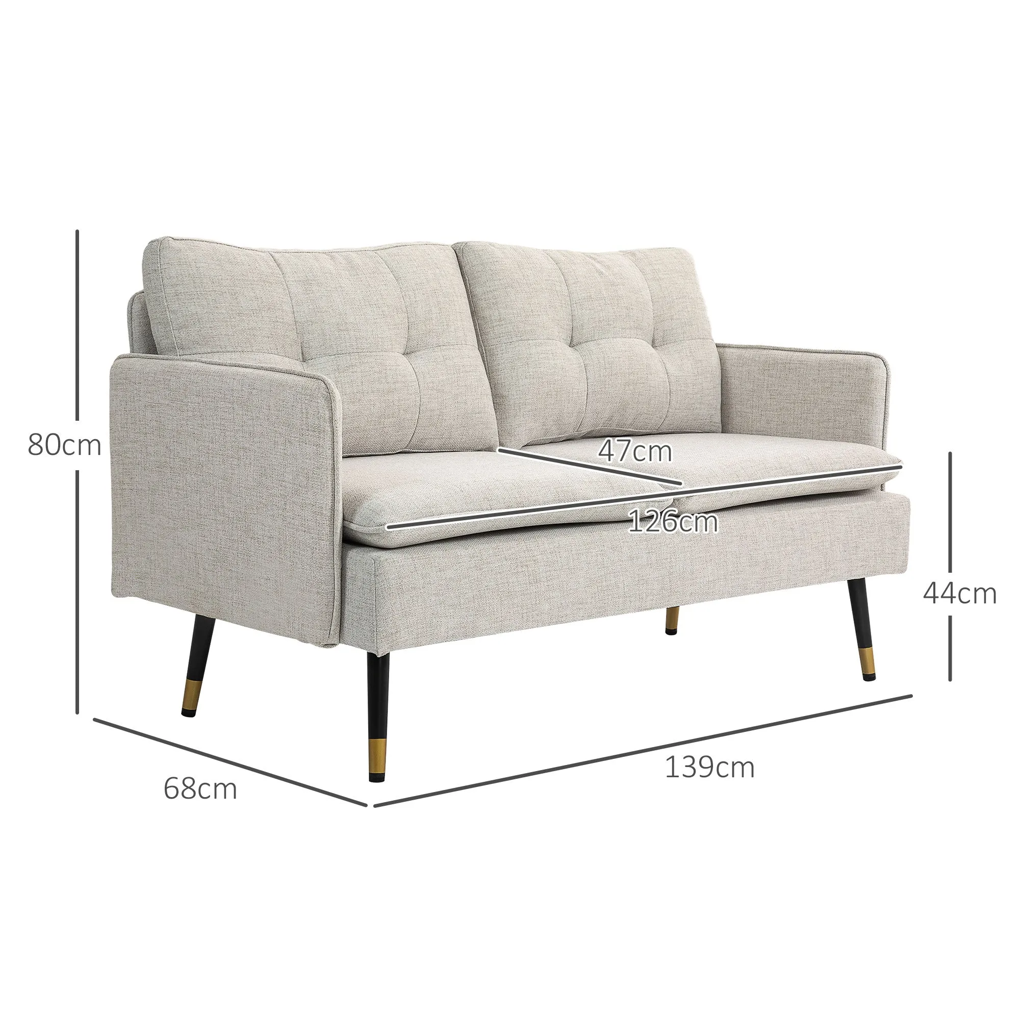 2-Seater Sofa in Linen Effect Fabric with Steel Legs and Padded Cushions, 139x68x80 cm, Cream White - Image 3