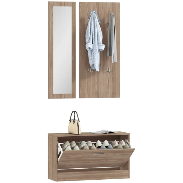 Hallway Furniture Set with Shoe Bench, Wall-Mounted Coat Rack and Mirror, 80x27x46.5 cm, Dark Brown