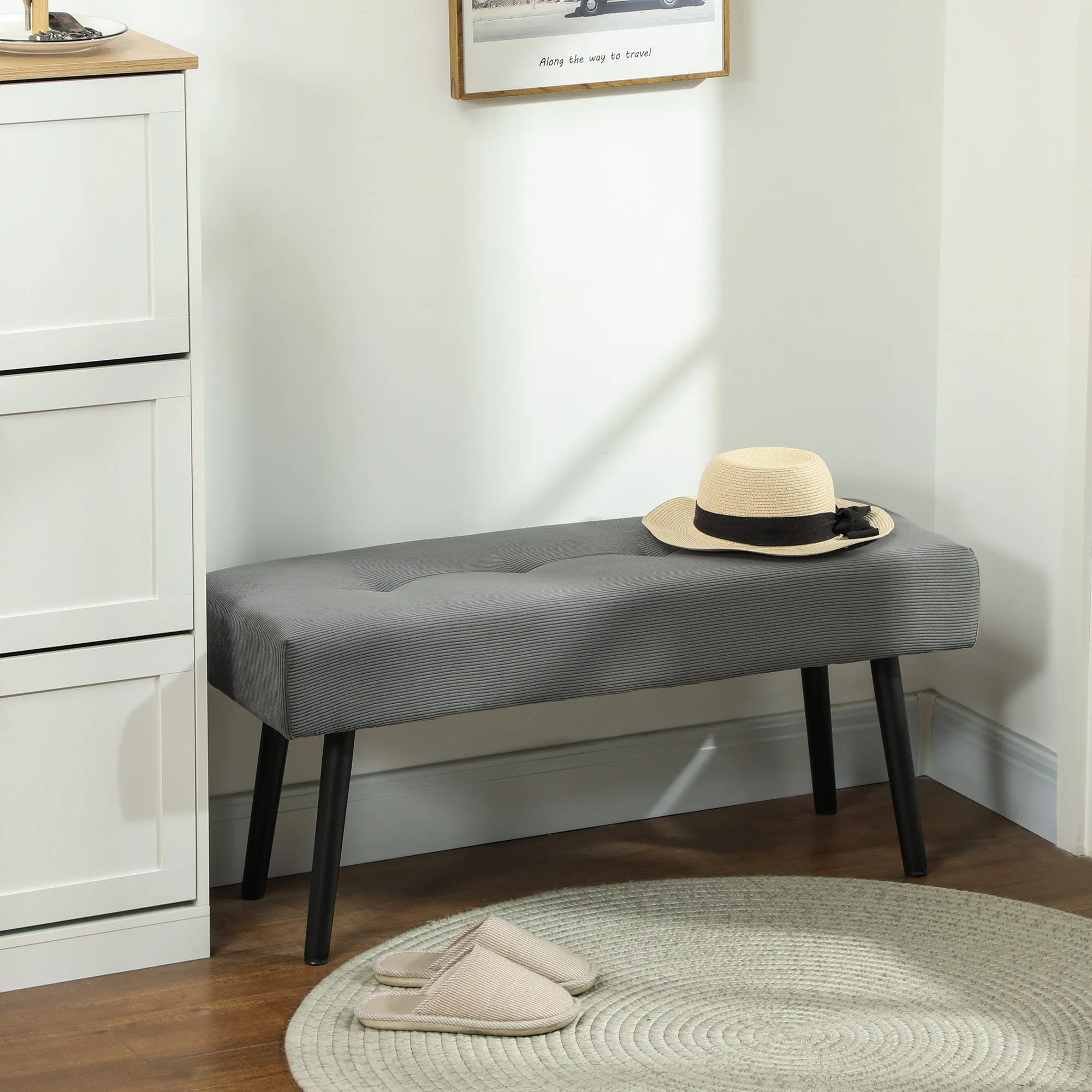 Quilted Bed End Bench in Corduroy Effect Fabric and Steel, 100x36x45 cm, Grey - Image 2