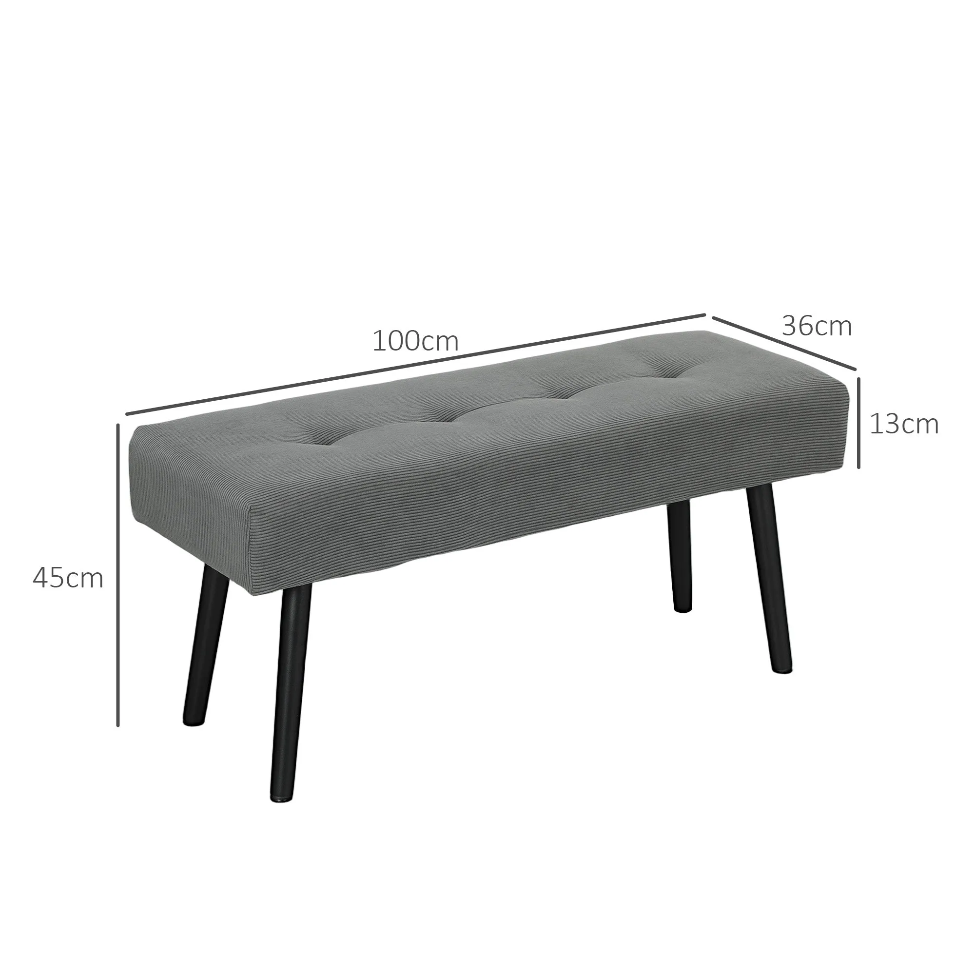 Quilted Bed End Bench in Corduroy Effect Fabric and Steel, 100x36x45 cm, Grey - Image 3