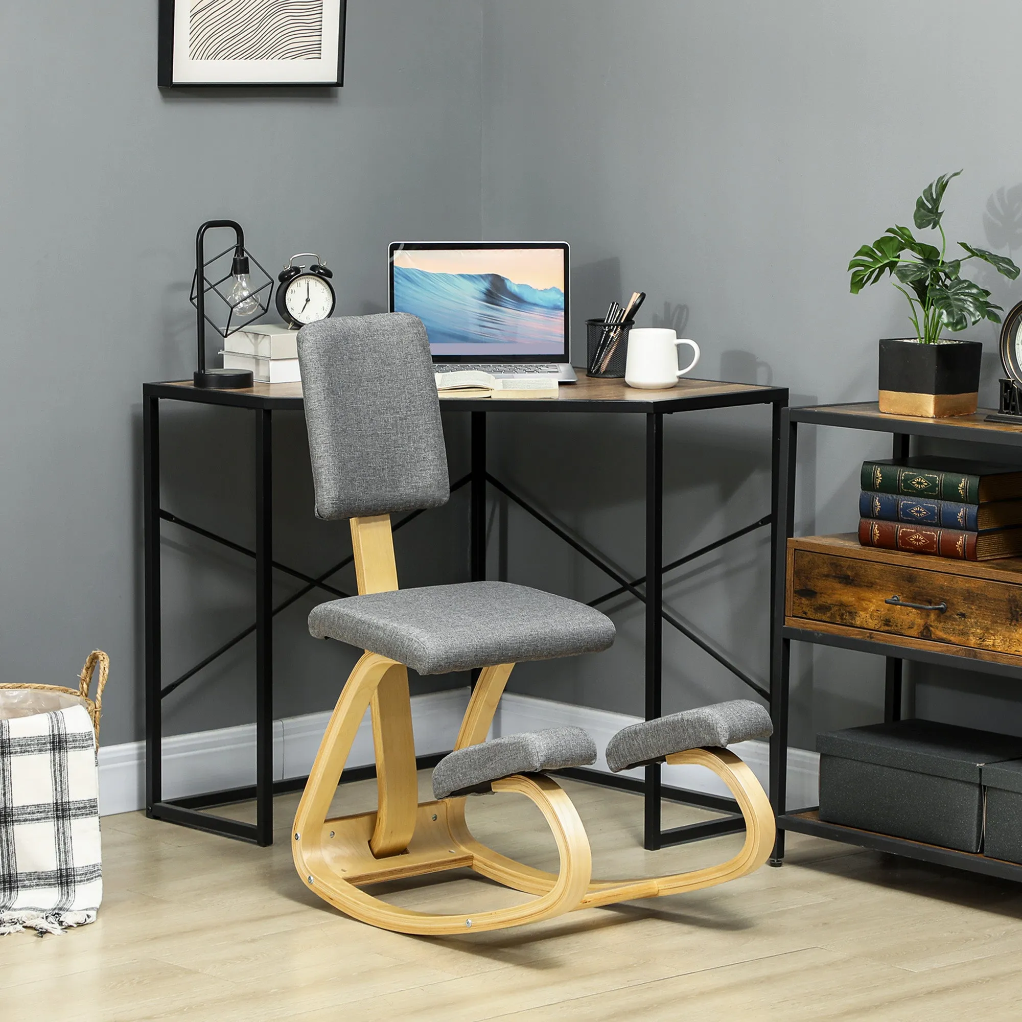 Rocking Kneeling Chair in Linen-Effect Fabric and Birch Wood, 51x84x93 cm, Grey - Image 2