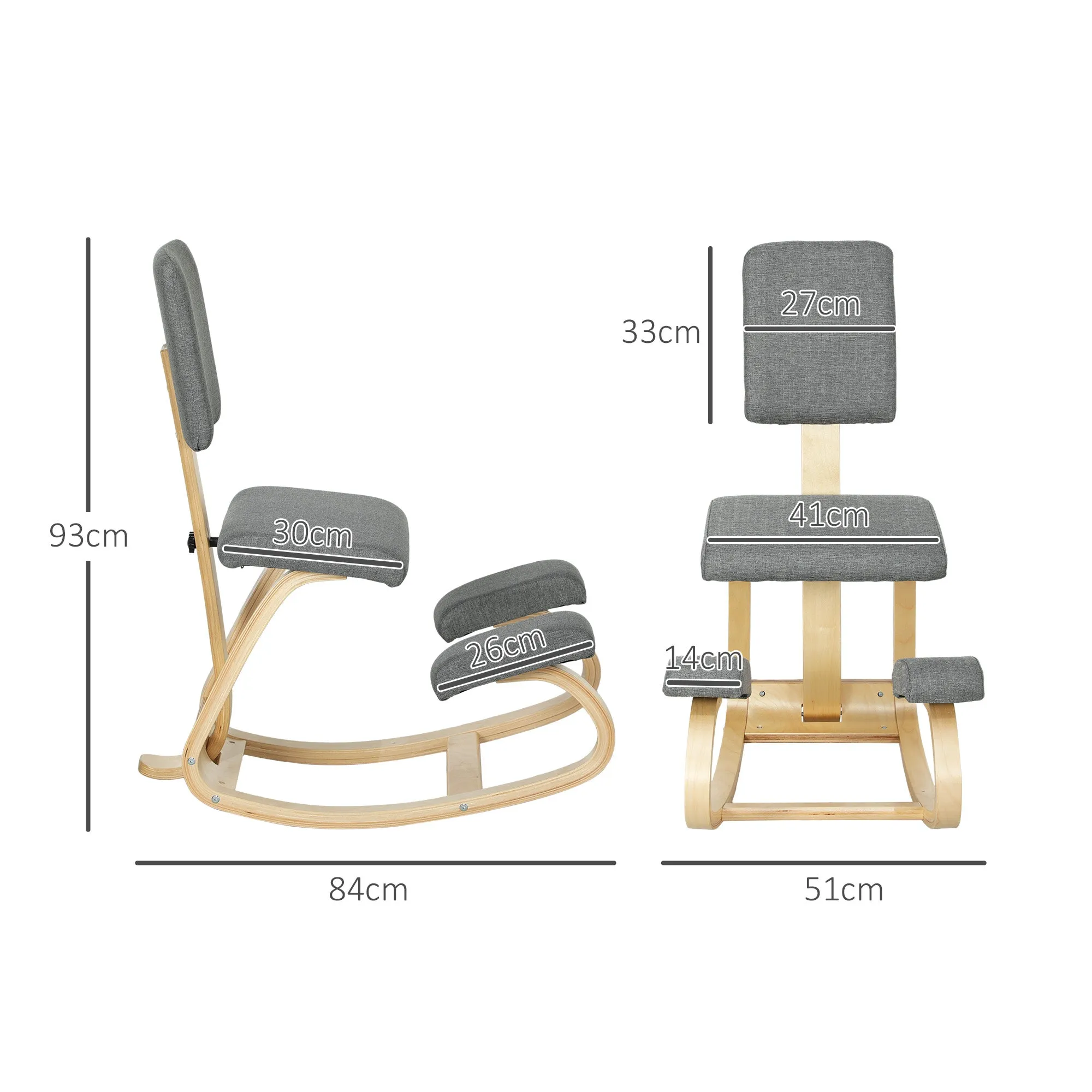 Rocking Kneeling Chair in Linen-Effect Fabric and Birch Wood, 51x84x93 cm, Grey - Image 3