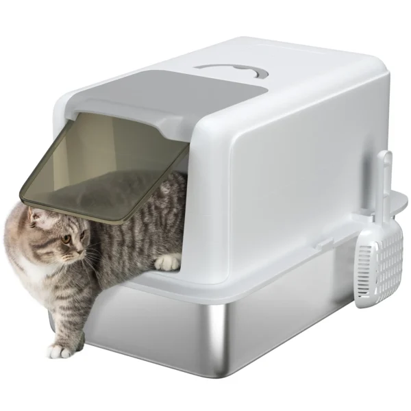 Enclosed Cat Litter Box with Steel Tray, Scoop and Filter Bags, PP, 40.5x60.5x41.5 cm, White and Silver