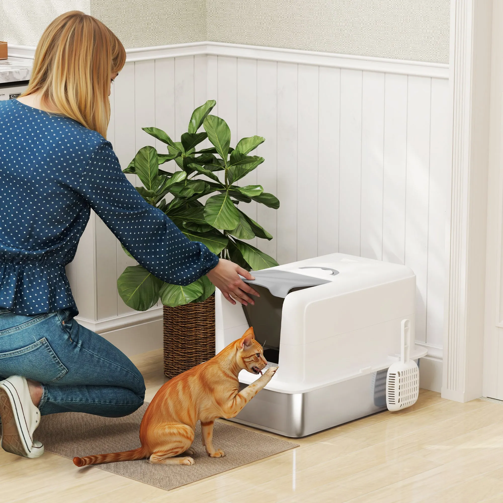Enclosed Cat Litter Box with Steel Tray, Scoop and Filter Bags, PP, 40.5x60.5x41.5 cm, White and Silver - Image 2