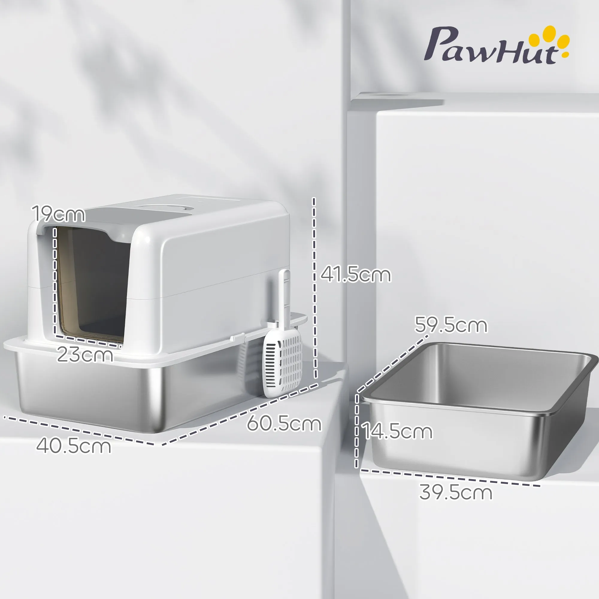 Enclosed Cat Litter Box with Steel Tray, Scoop and Filter Bags, PP, 40.5x60.5x41.5 cm, White and Silver - Image 3