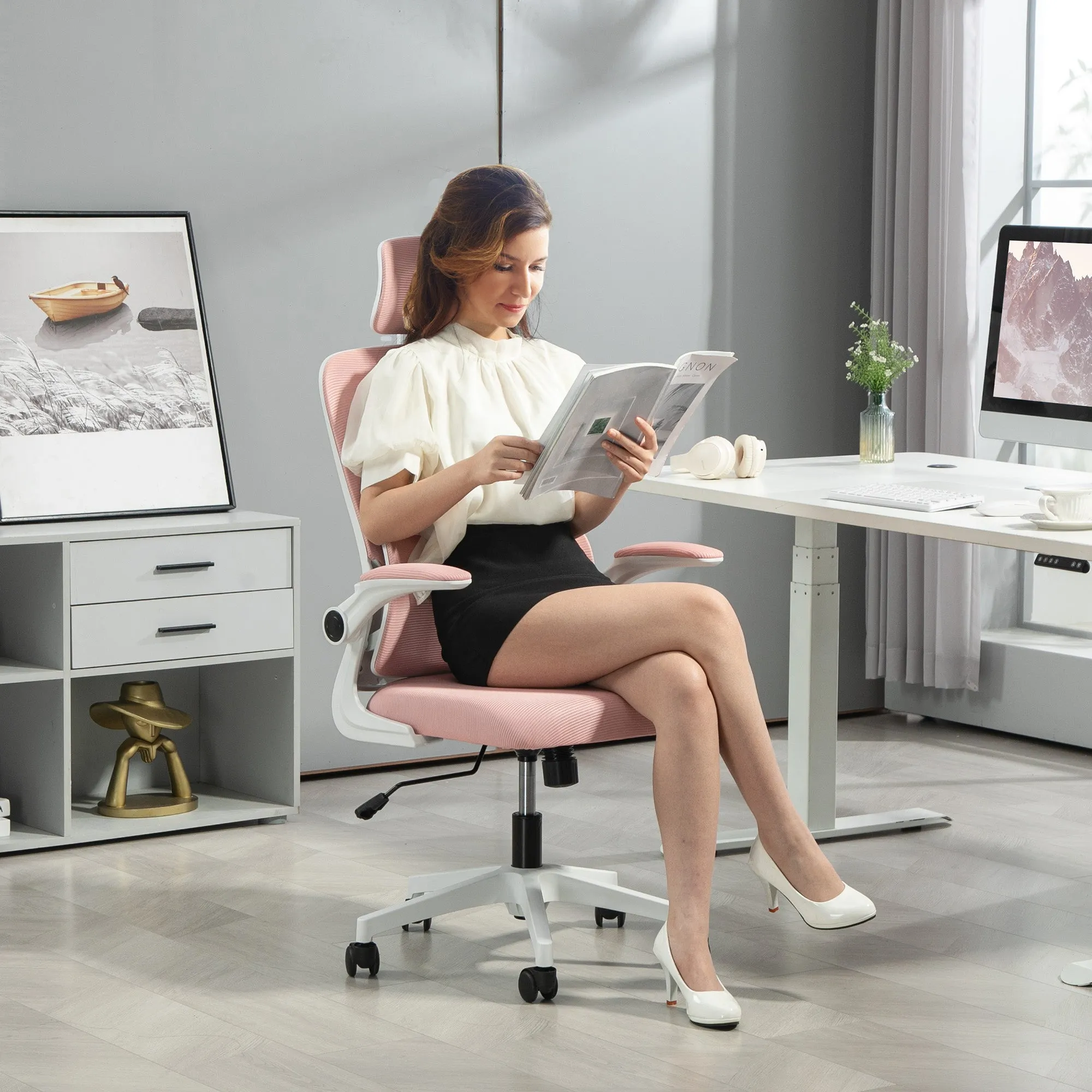 Adjustable and Reclining Office Chair with Removable Headrest, Mesh Fabric, 60x59x114-122 cm, Pink - Image 2