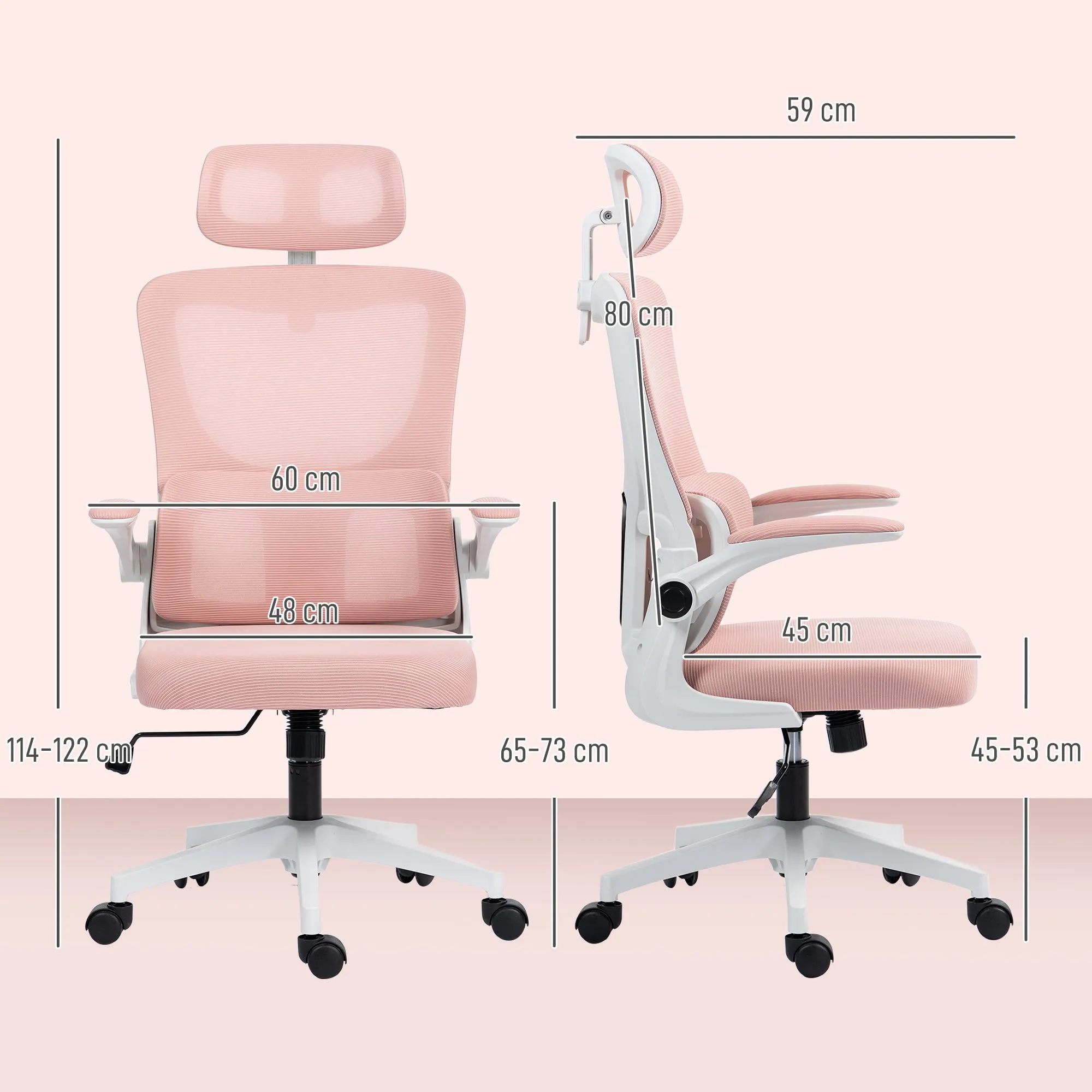 Adjustable and Reclining Office Chair with Removable Headrest, Mesh Fabric, 60x59x114-122 cm, Pink - Image 3