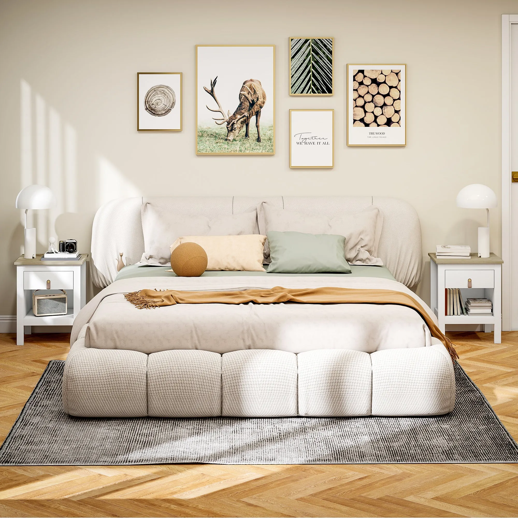 Set of 2 Wooden Bedside Tables with Drawer and Open Shelf, 45x40x55 cm, White and Oak - Image 2
