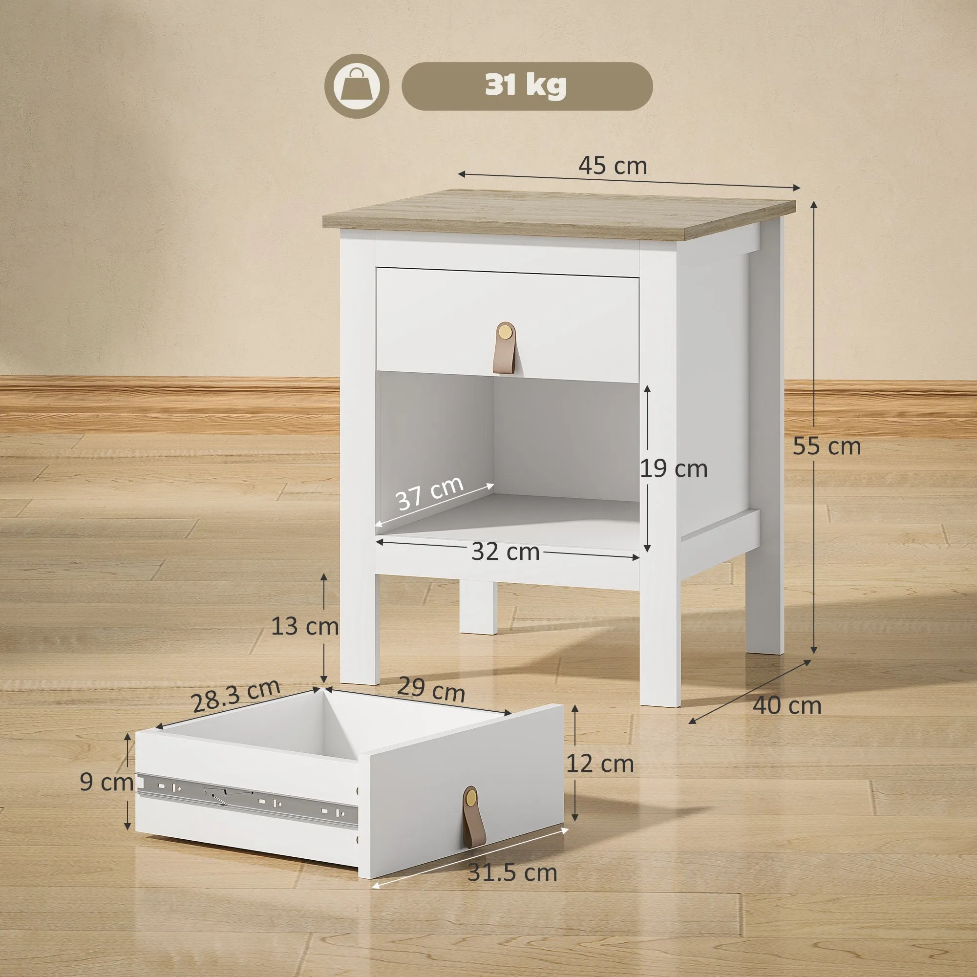 Set of 2 Wooden Bedside Tables with Drawer and Open Shelf, 45x40x55 cm, White and Oak - Image 3