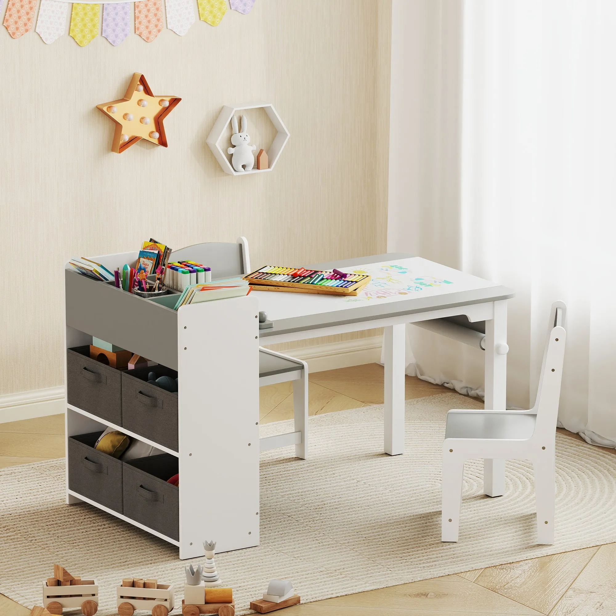 Children's Table and Chair Set with 2 Chairs and Storage Table, Made of Wood and Non-Woven Fabric, Grey and White - Image 2