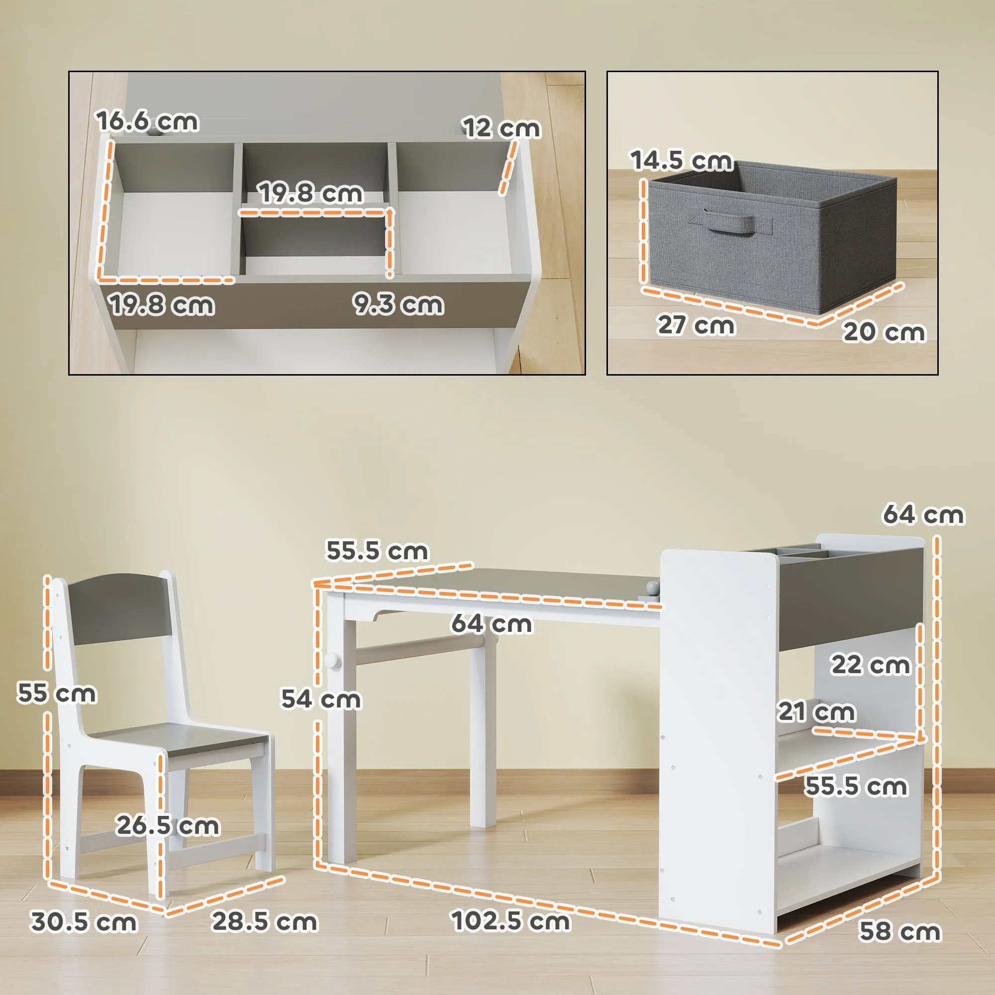 Children's Table and Chair Set with 2 Chairs and Storage Table, Made of Wood and Non-Woven Fabric, Grey and White - Image 3