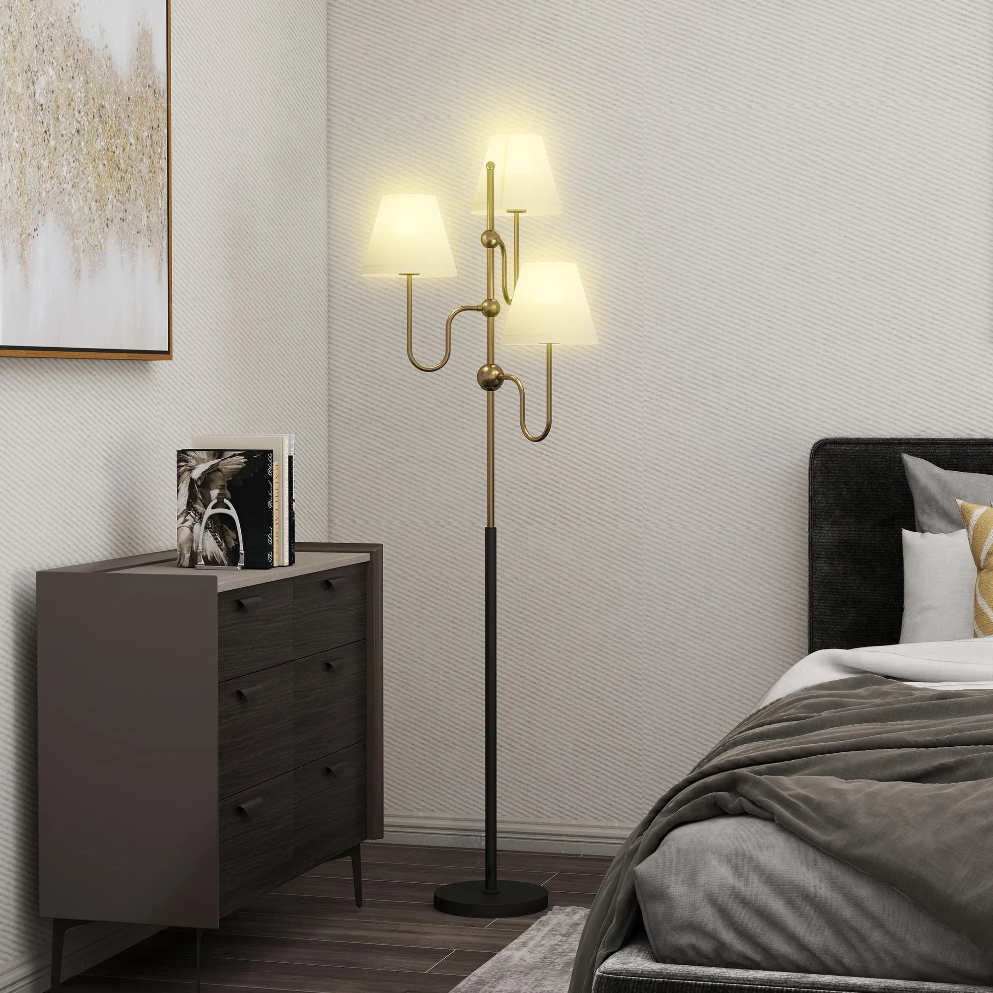 165cm High Floor Lamp with 3 Light Points and Foot Switch, E27 Socket Max 40W, Gold - Image 2