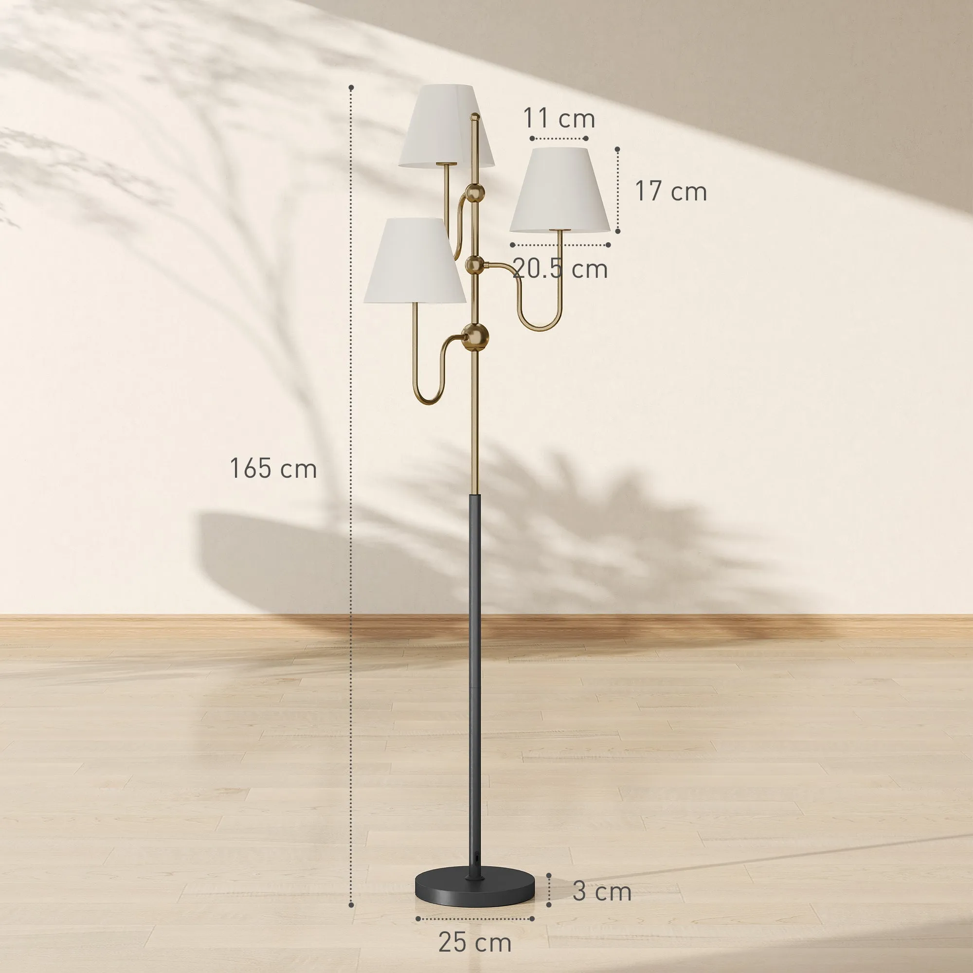 165cm High Floor Lamp with 3 Light Points and Foot Switch, E27 Socket Max 40W, Gold - Image 3