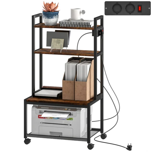 4-Tier Printer Cart with Power Outlets, Wheels and Metal Frame, 55x37.5x100 cm, Brown