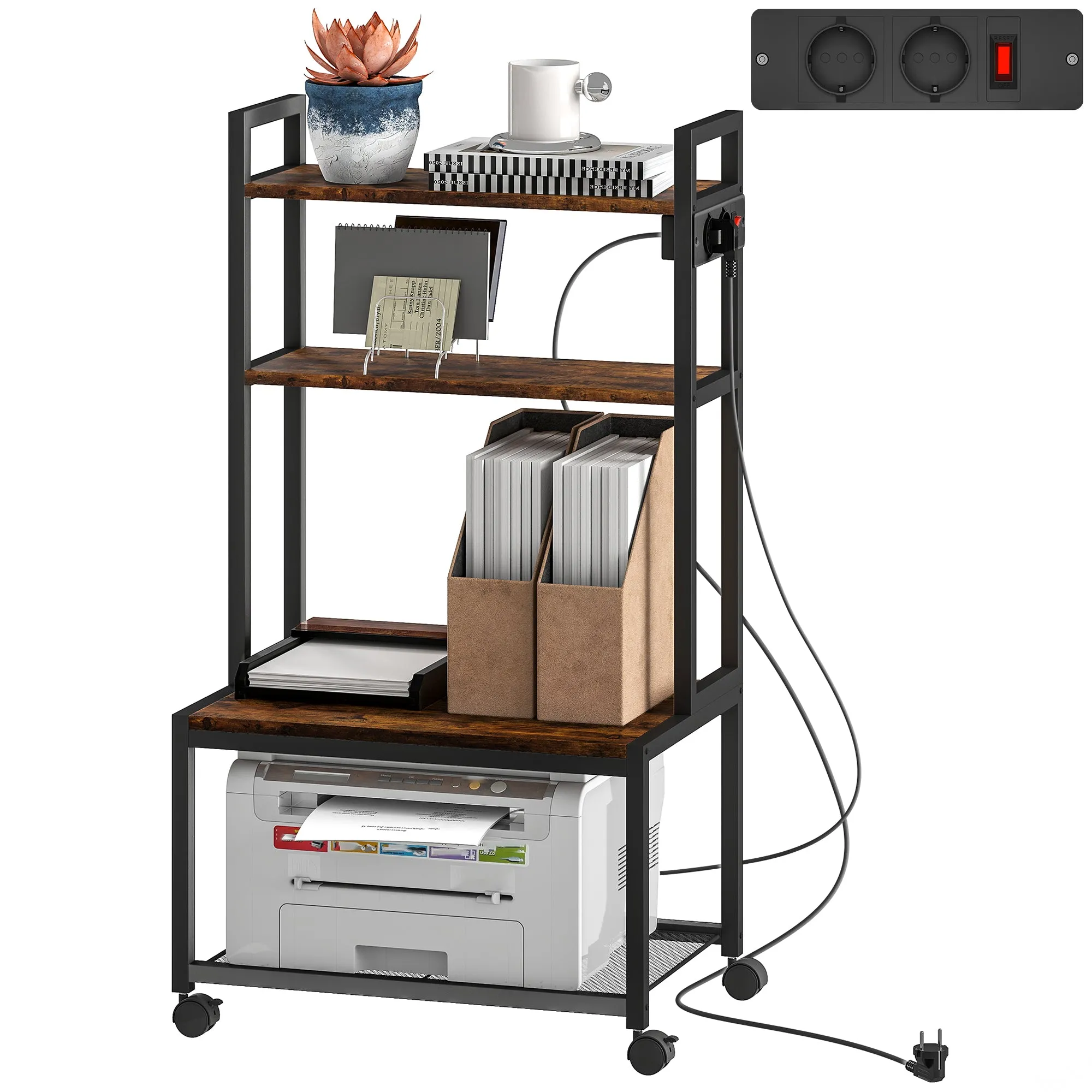 4-Tier Printer Cart with Power Outlets, Wheels and Metal Frame, 55x37.5x100 cm, Brown