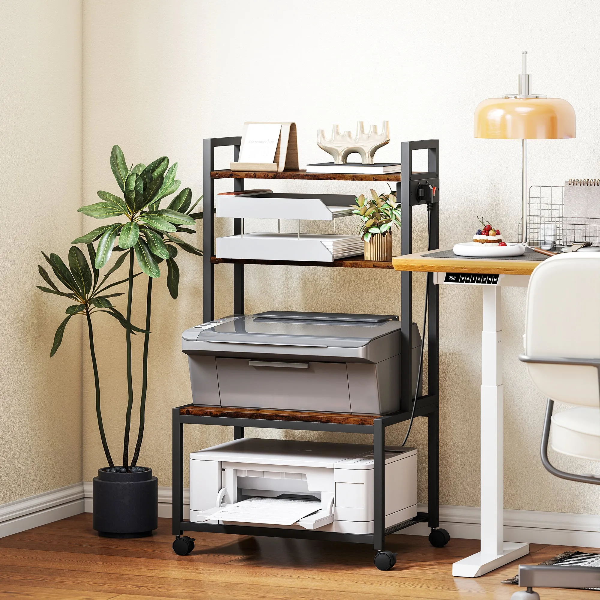 4-Tier Printer Cart with Power Outlets, Wheels and Metal Frame, 55x37.5x100 cm, Brown - Image 2