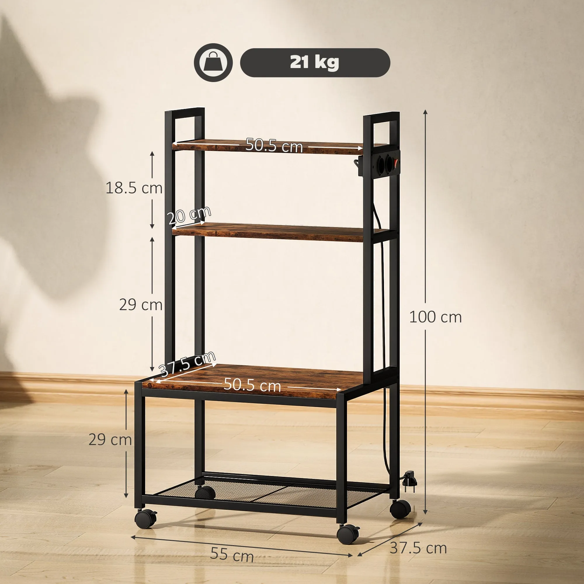 4-Tier Printer Cart with Power Outlets, Wheels and Metal Frame, 55x37.5x100 cm, Brown - Image 3