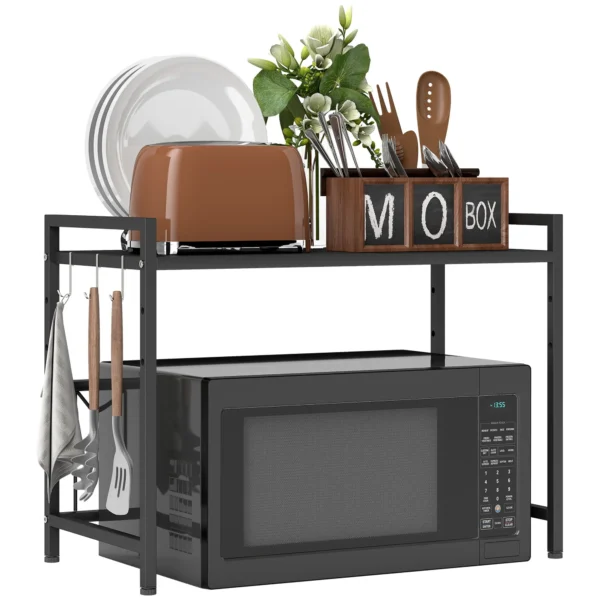2-Tier Expandable Microwave Stand with 3 Hooks, Metal, 39.5-64x32x47.5 cm, Black