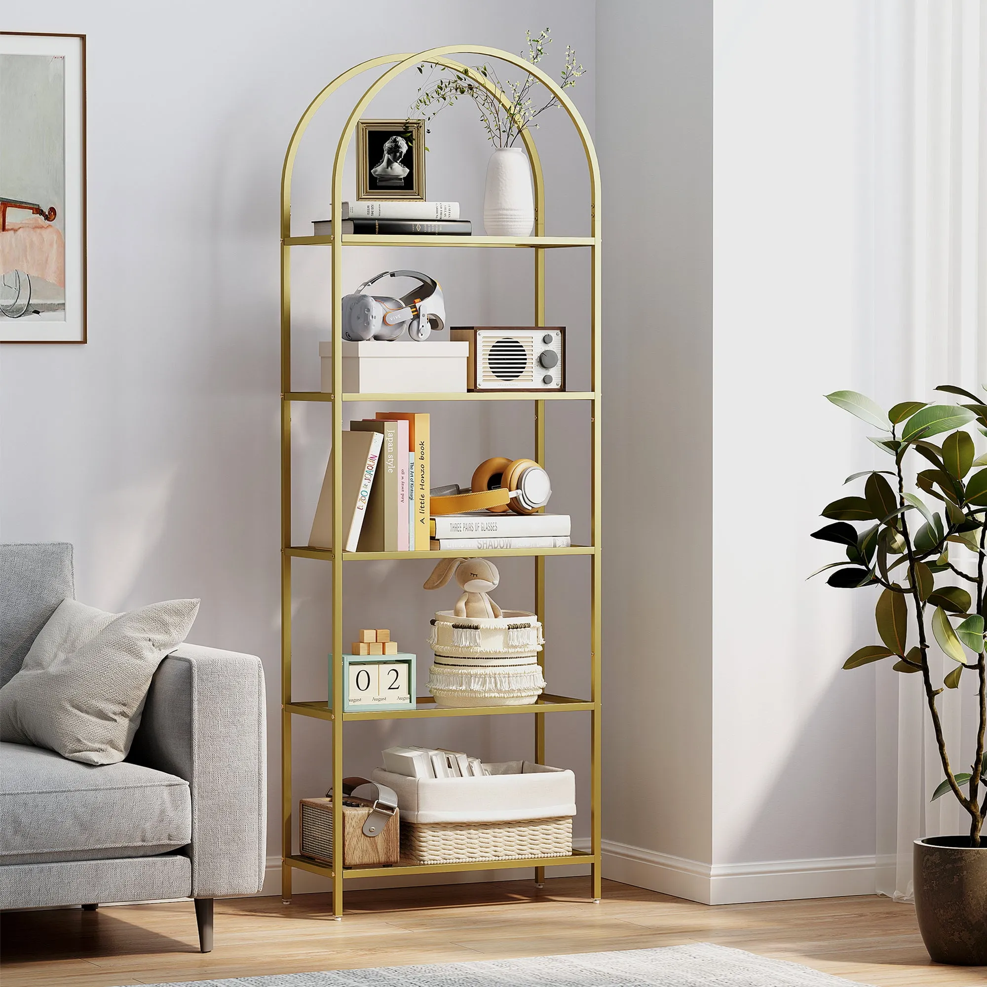 5-Tier Arched Storage Shelf in Steel and Tempered Glass, 60x30x175 cm, Gold - Image 2