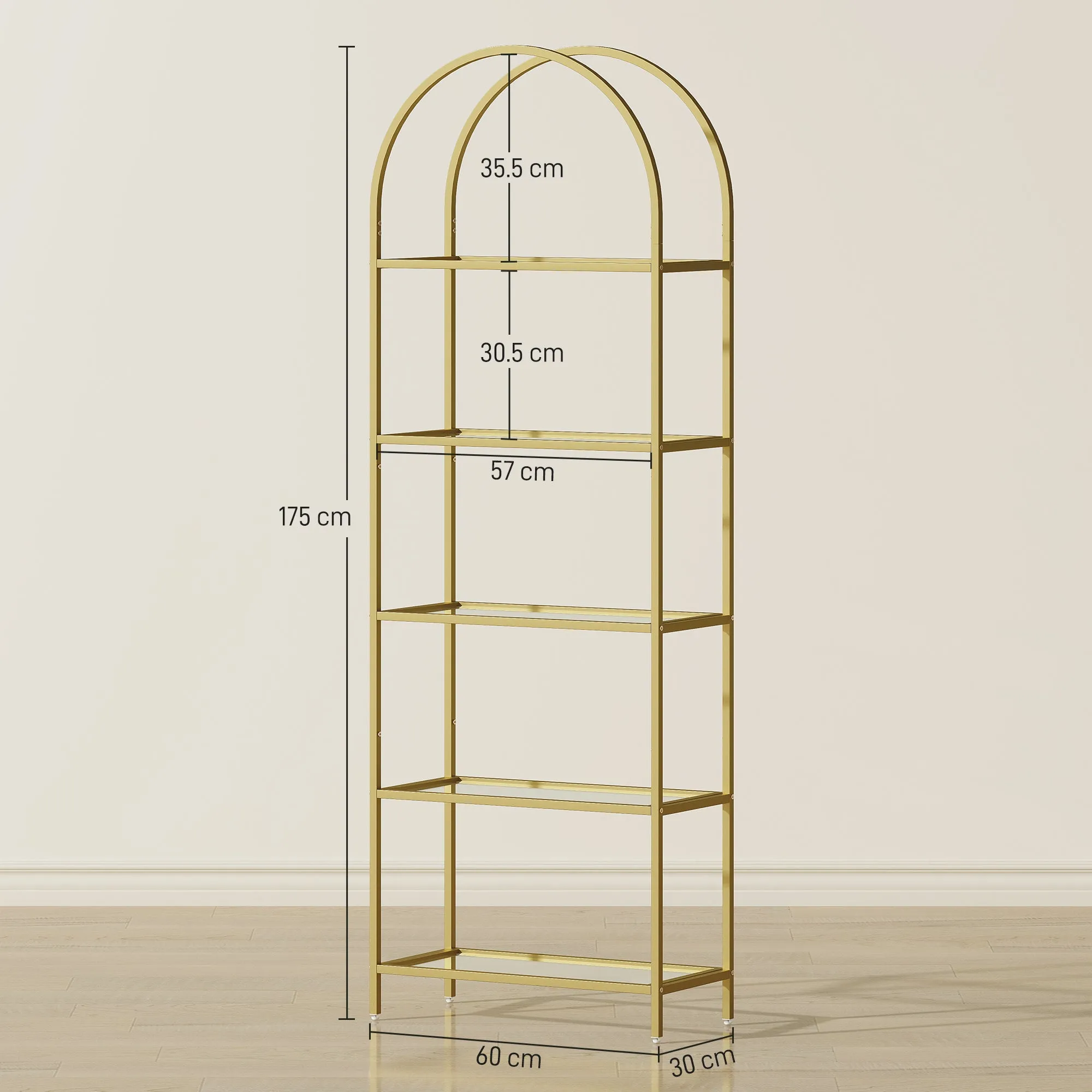 5-Tier Arched Storage Shelf in Steel and Tempered Glass, 60x30x175 cm, Gold - Image 3