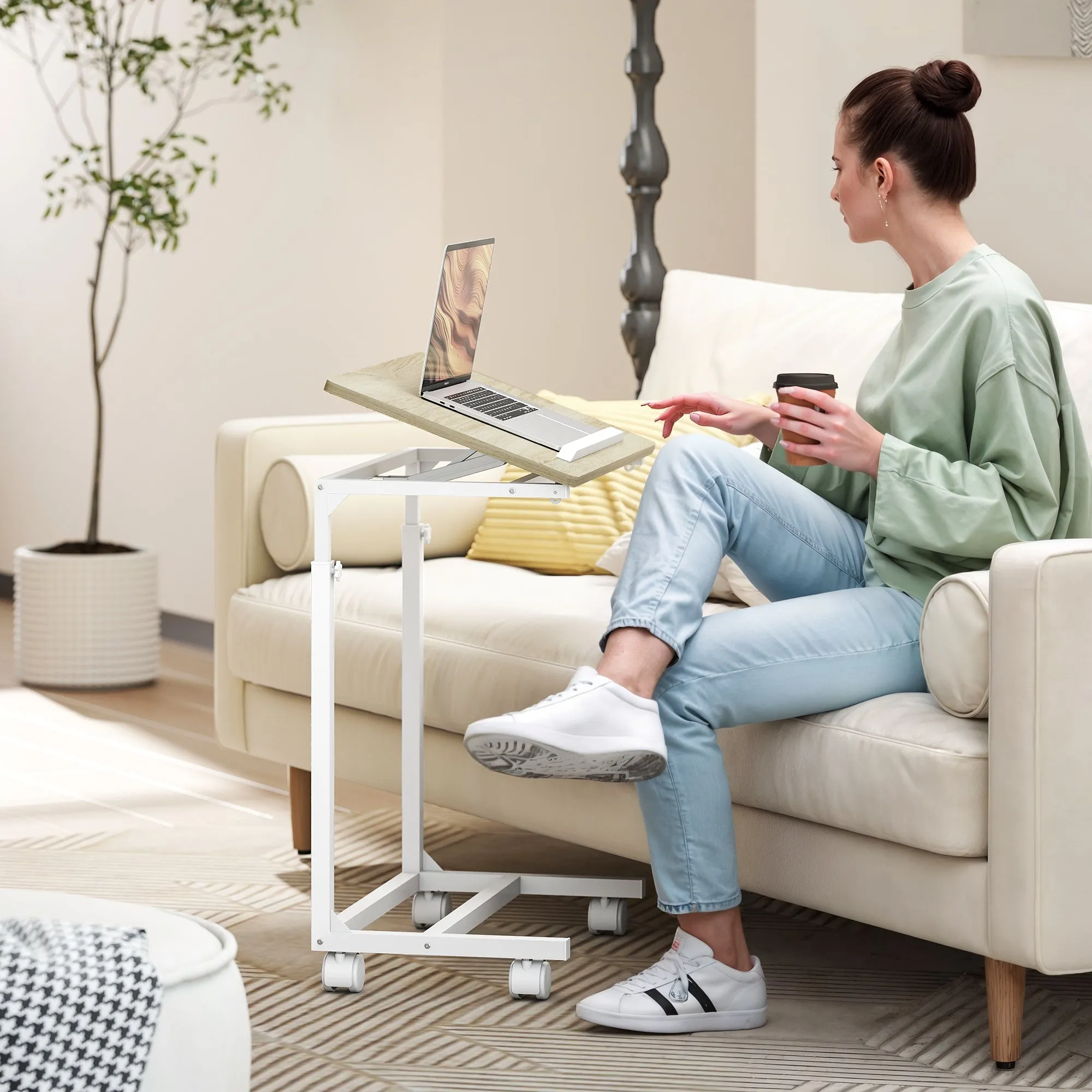 Adjustable Work Table with Tilting Top and 4 Wheels, in Wood and Metal, 55x36x62.5-82.5 cm, White and Oak - Image 2