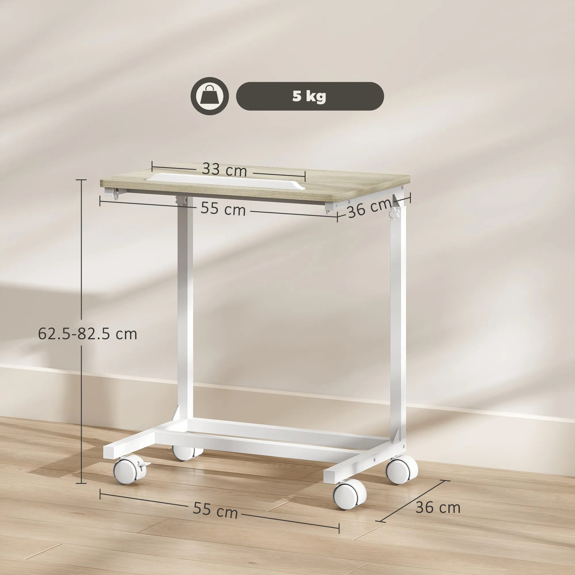Adjustable Work Table with Tilting Top and 4 Wheels, in Wood and Metal, 55x36x62.5-82.5 cm, White and Oak - Image 3