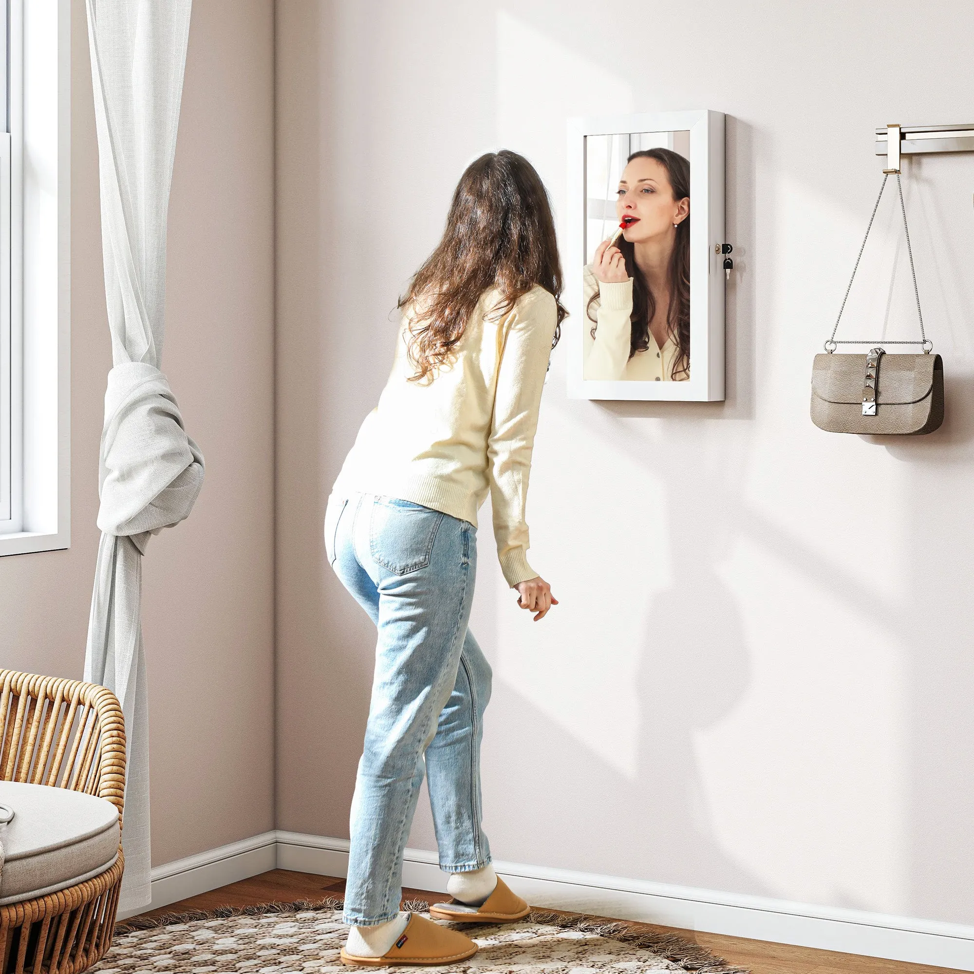 Wall-Mounted Mirrored Jewelry Cabinet with 2 Security Keys, Wooden, 36.5 x 9.5 x 67 cm, White - Image 2