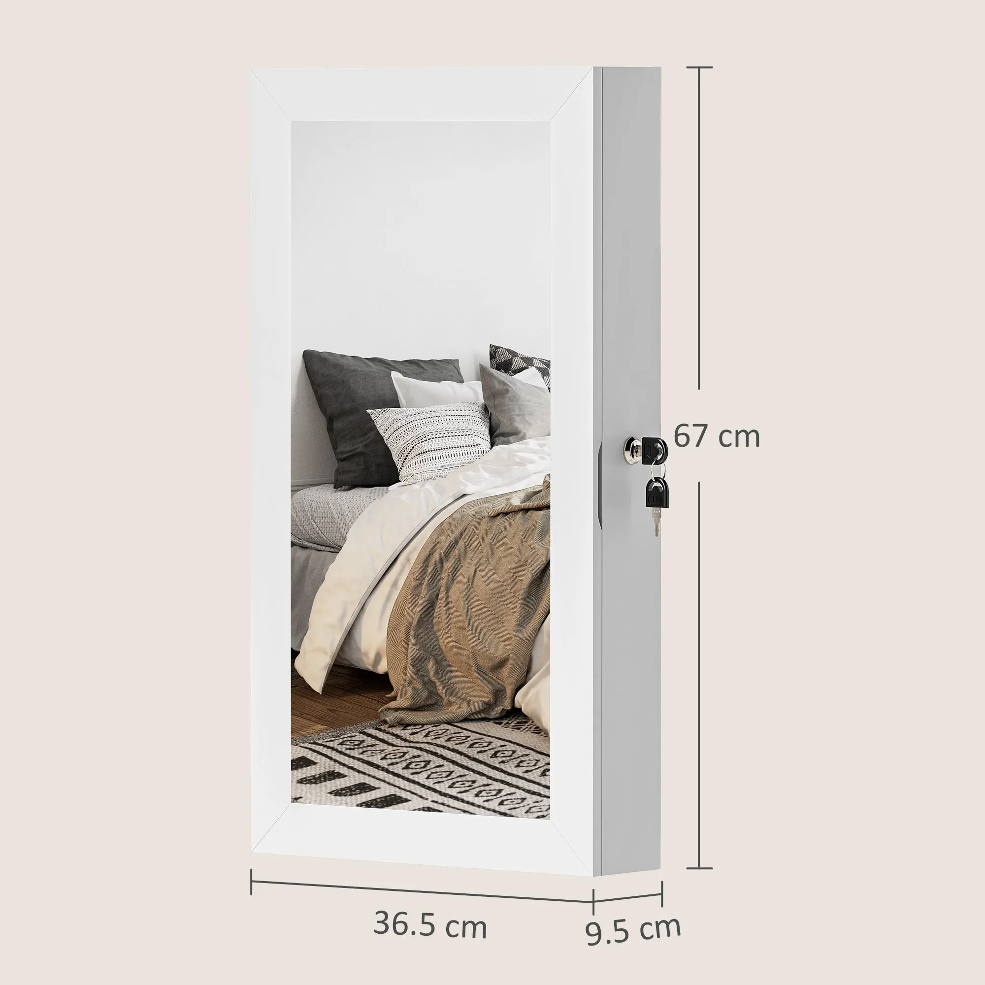 Wall-Mounted Mirrored Jewelry Cabinet with 2 Security Keys, Wooden, 36.5 x 9.5 x 67 cm, White - Image 3