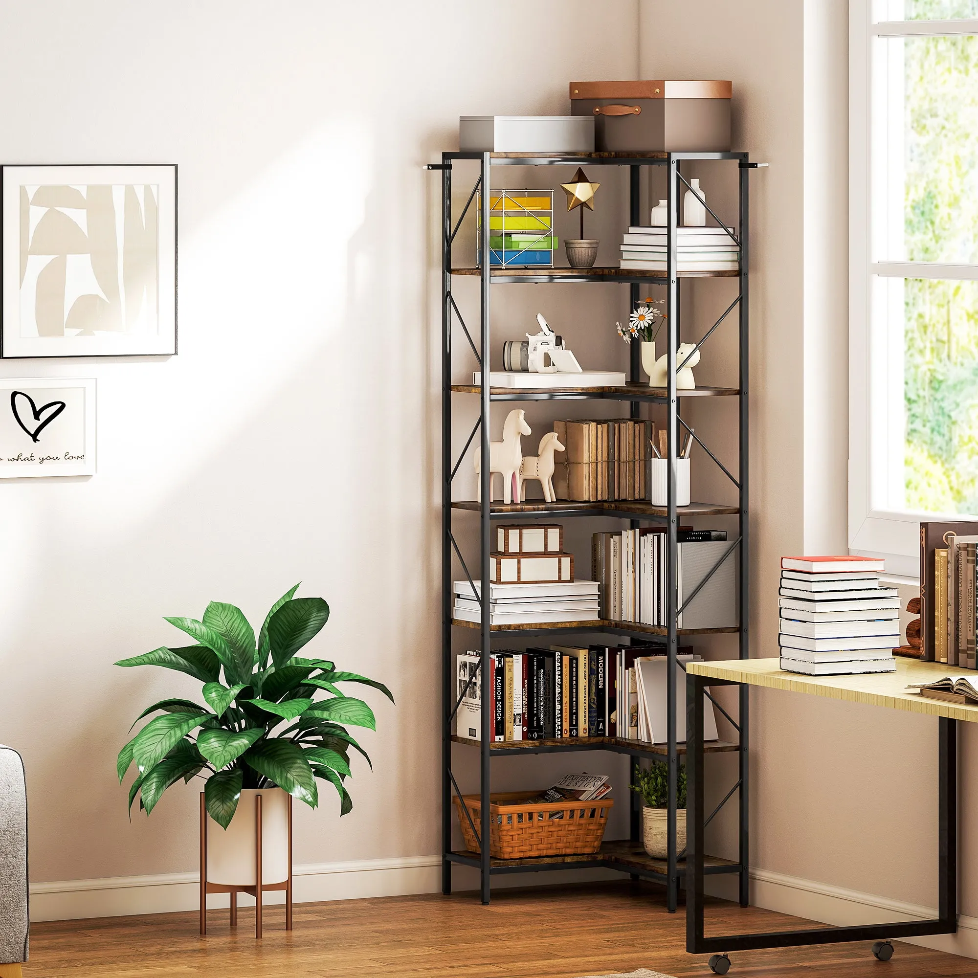 7-Tier Industrial Corner Bookcase, Wood and Steel, 60x60x198 cm, Rustic Brown - Image 2