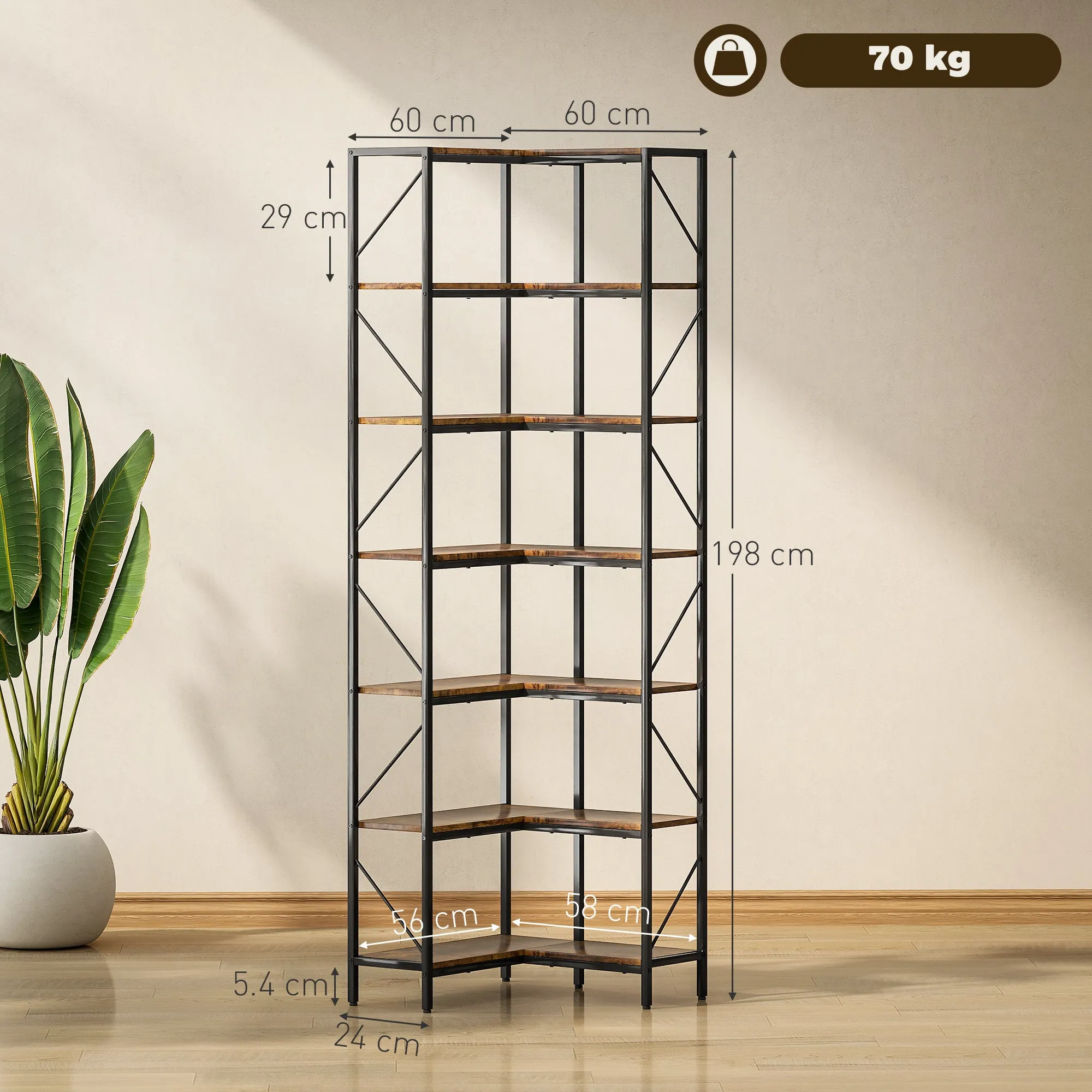 7-Tier Industrial Corner Bookcase, Wood and Steel, 60x60x198 cm, Rustic Brown - Image 3