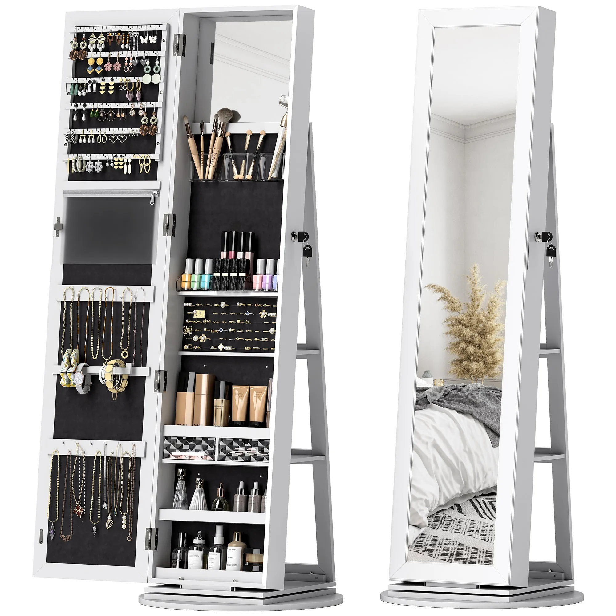 3-in-1 360° Swivel Jewelry Mirror, Rear Shelves and Lockable Door, 55x55x161 cm, White