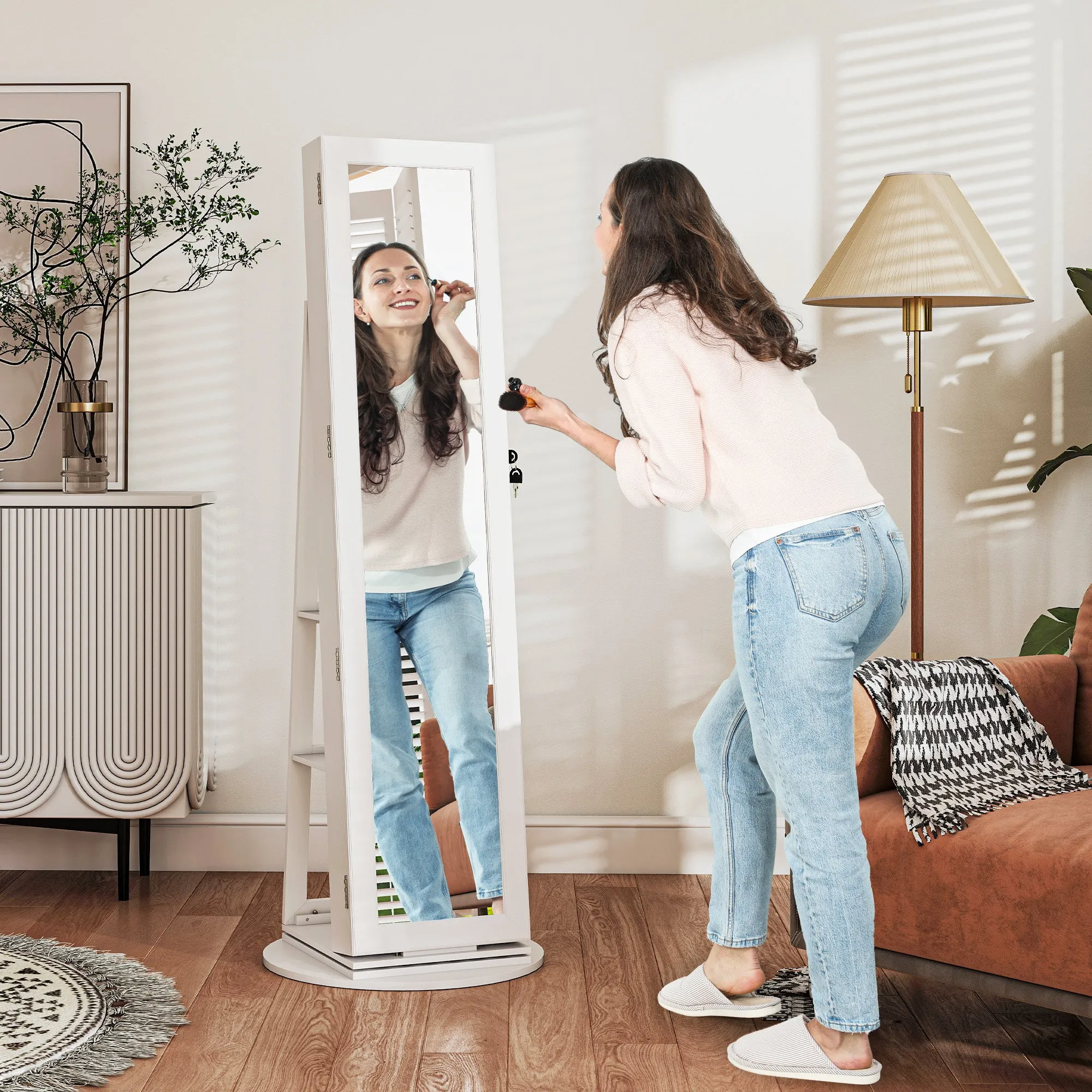 3-in-1 360° Swivel Jewelry Mirror, Rear Shelves and Lockable Door, 55x55x161 cm, White - Image 2