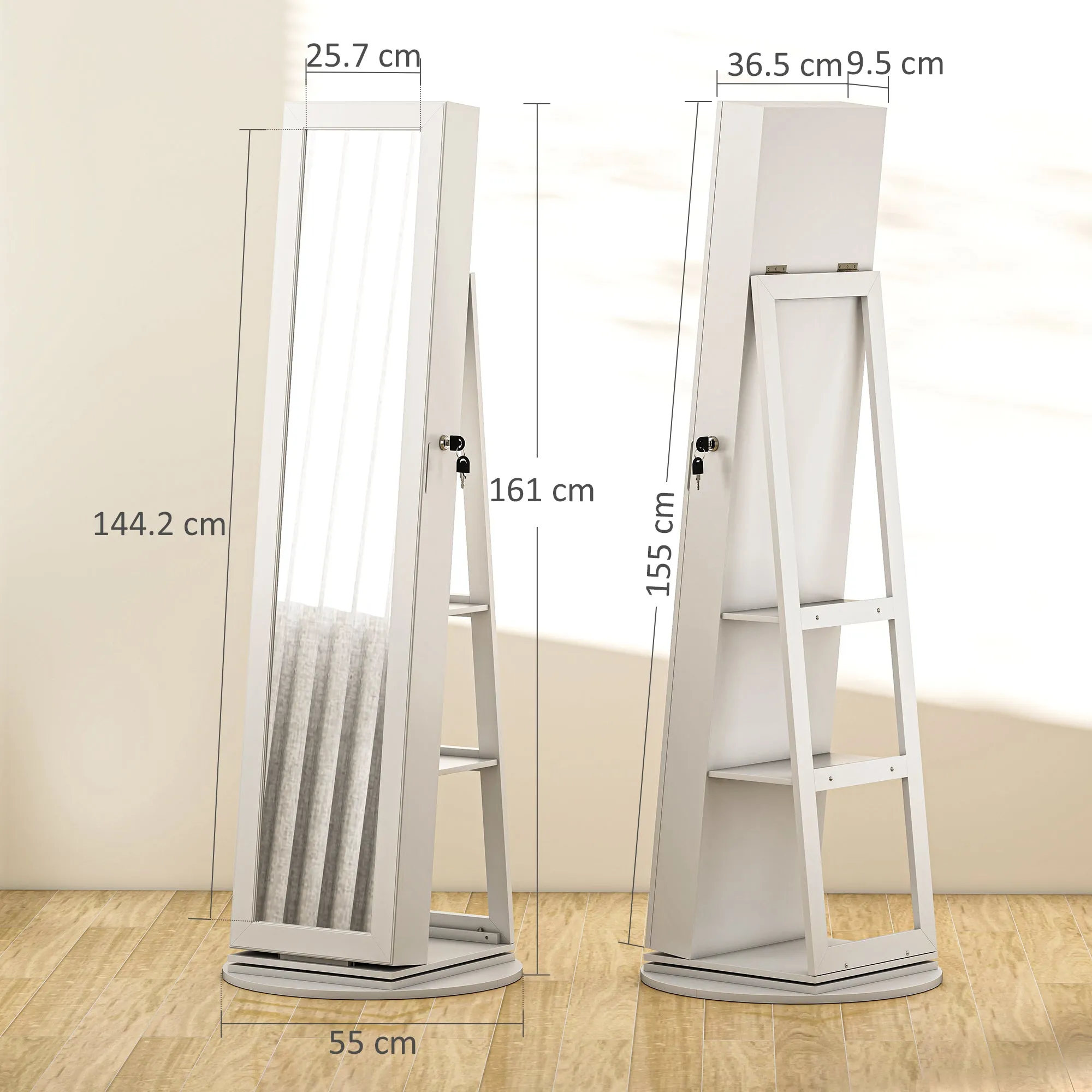 3-in-1 360° Swivel Jewelry Mirror, Rear Shelves and Lockable Door, 55x55x161 cm, White - Image 3