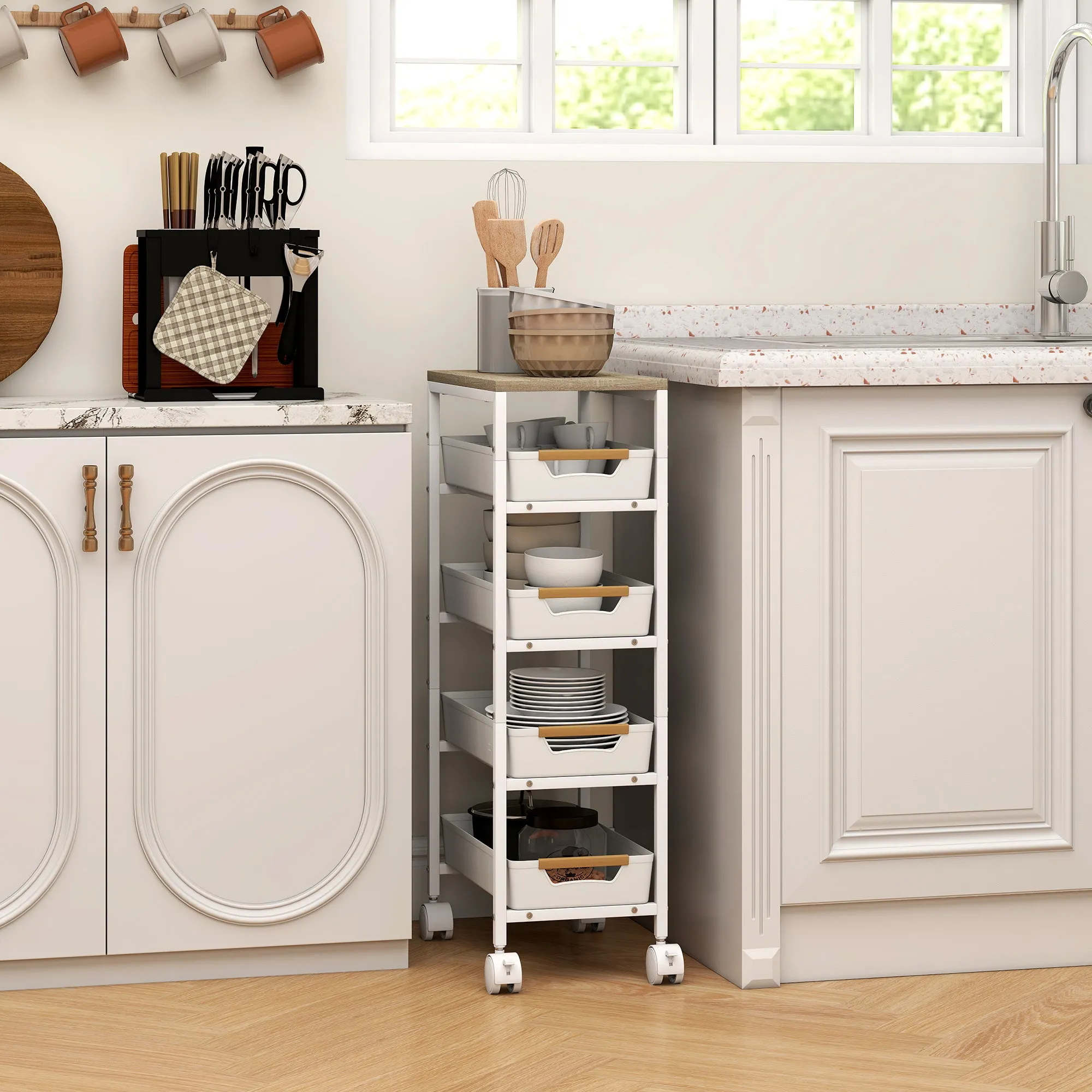 5-Tier Kitchen Cart with 4 Removable Baskets, Metal, PP and Wood, 39.5x24x82 cm, White and Oak - Image 2