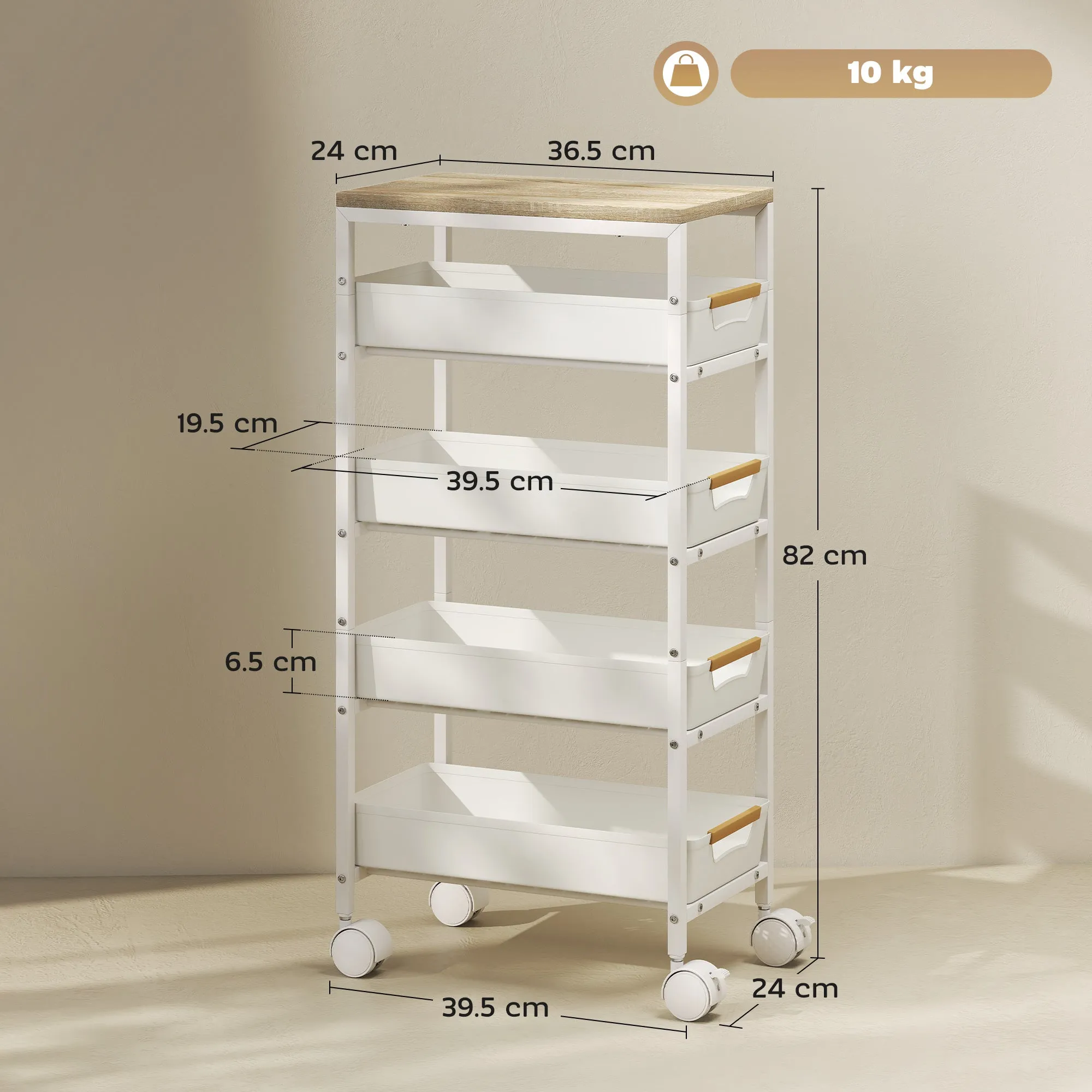 5-Tier Kitchen Cart with 4 Removable Baskets, Metal, PP and Wood, 39.5x24x82 cm, White and Oak - Image 3