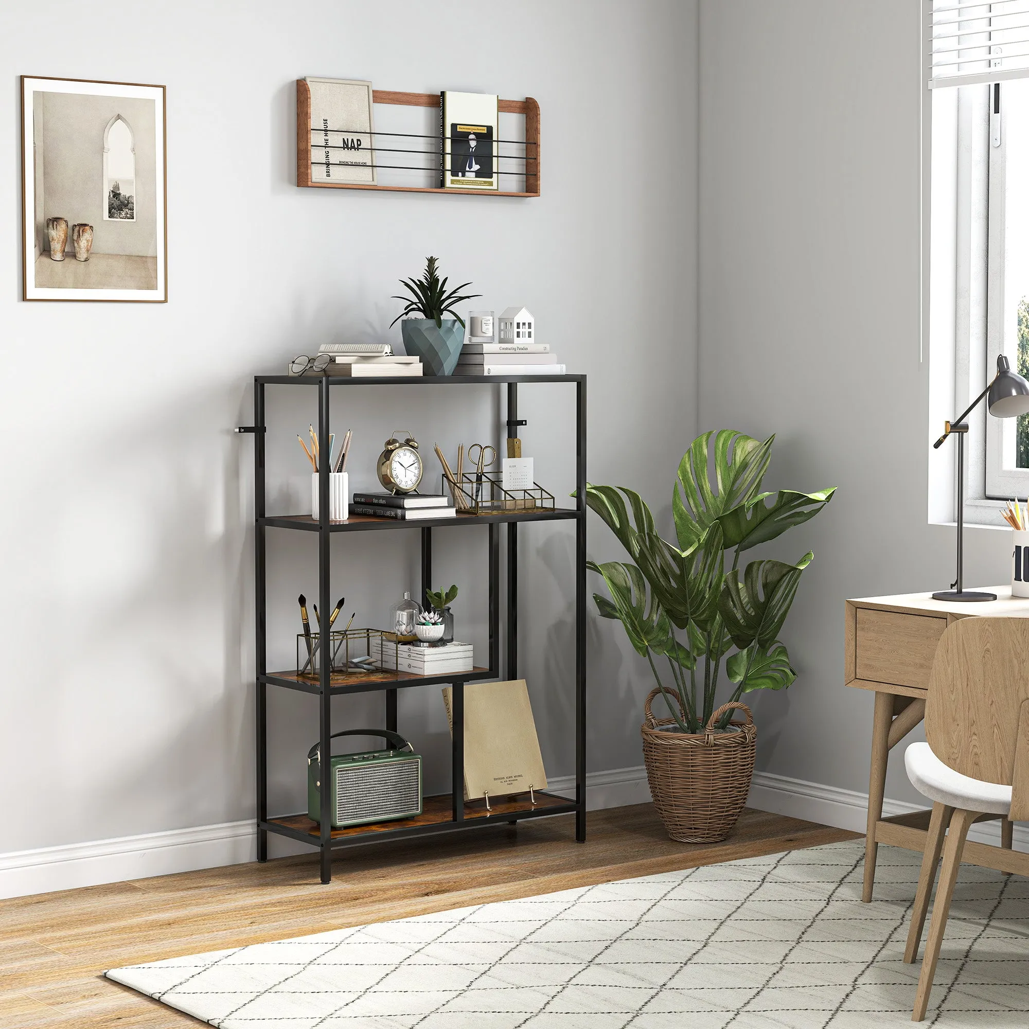 Industrial Style 4-Tier Bookcase in Wood and Metal, 77x30x116 cm, Rustic Brown - Image 2