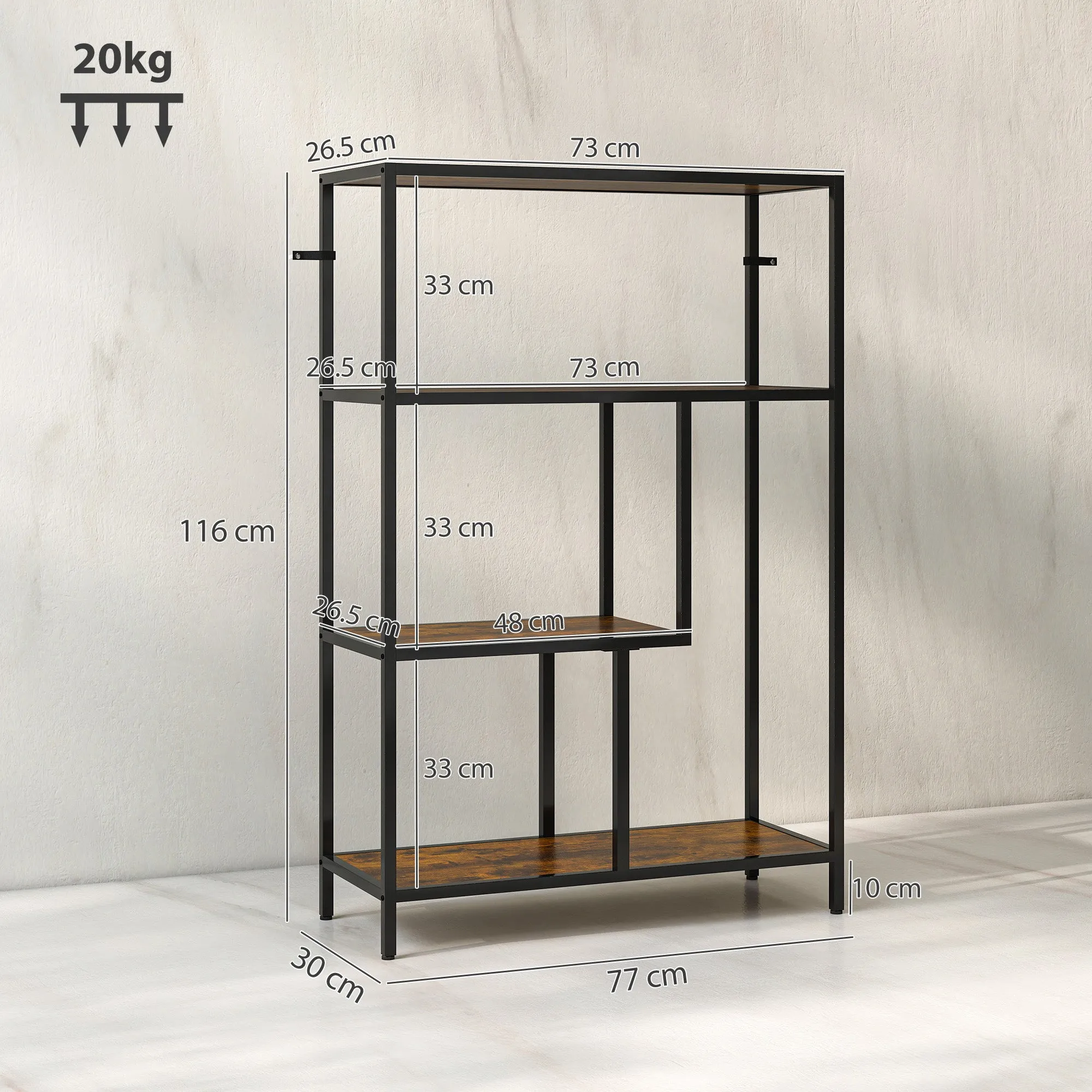 Industrial Style 4-Tier Bookcase in Wood and Metal, 77x30x116 cm, Rustic Brown - Image 3